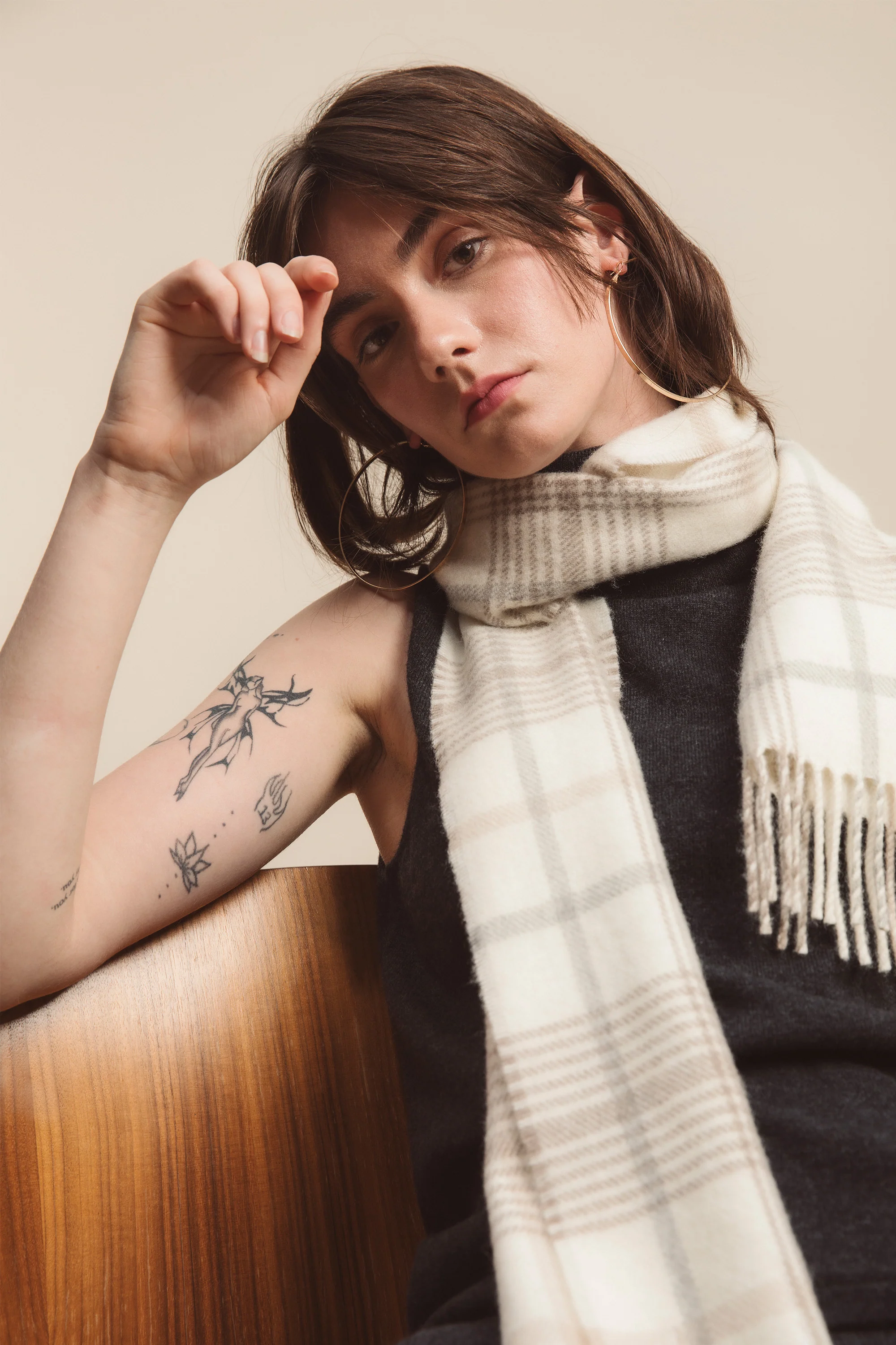 Made in Scotland Lambswool Scarf - Fingask Check Sandstone - Image 2