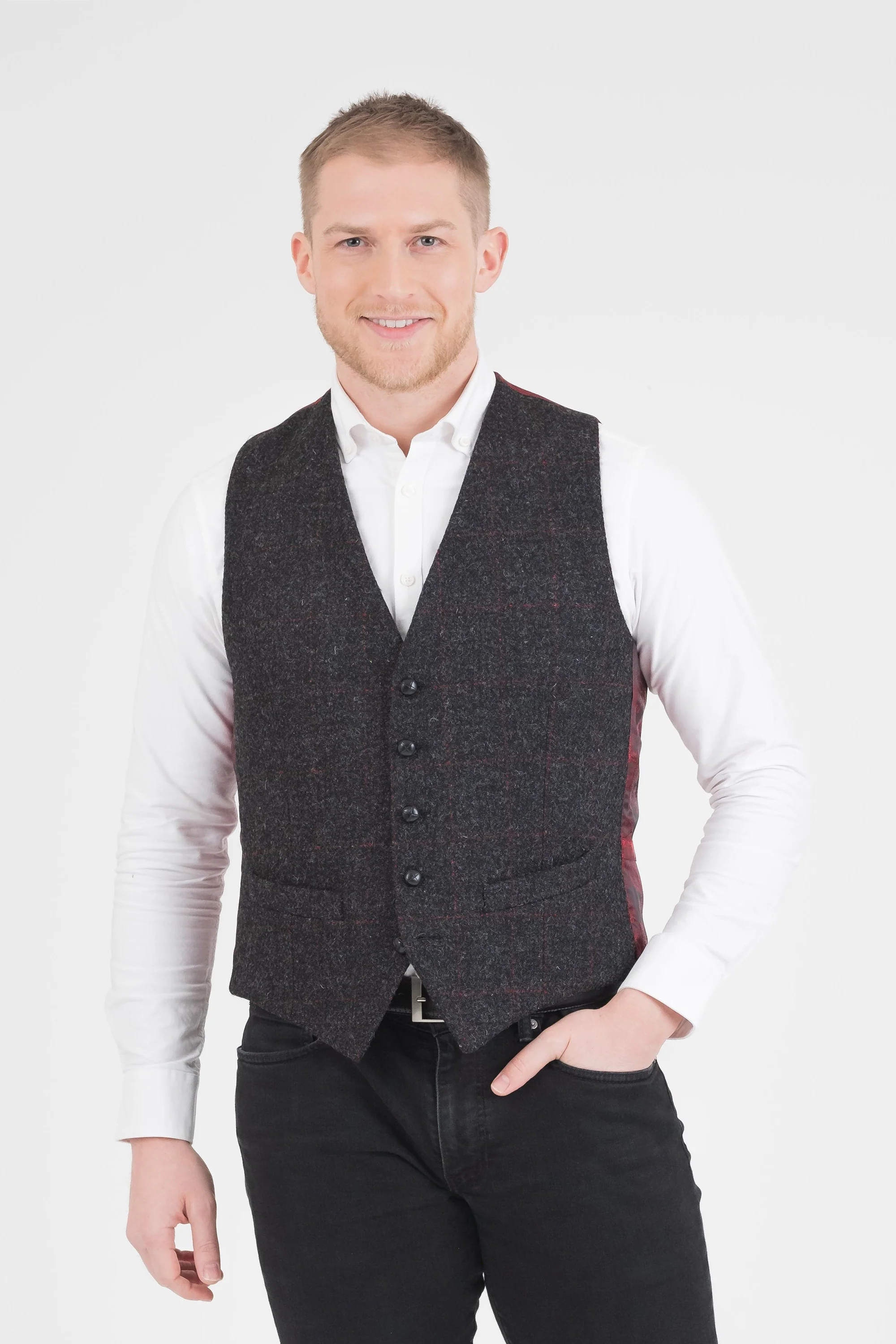 Harris Tweed Iain Waistcoat - Charcoal Red Check - Image 2