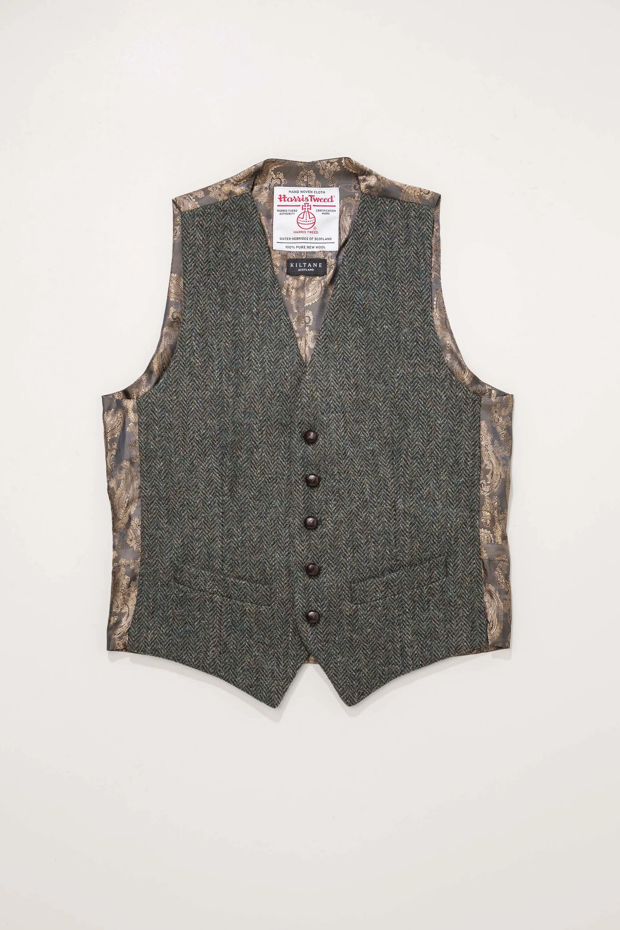 Harris Tweed Iain Waistcoat - Dark Green Herringbone - Image 2