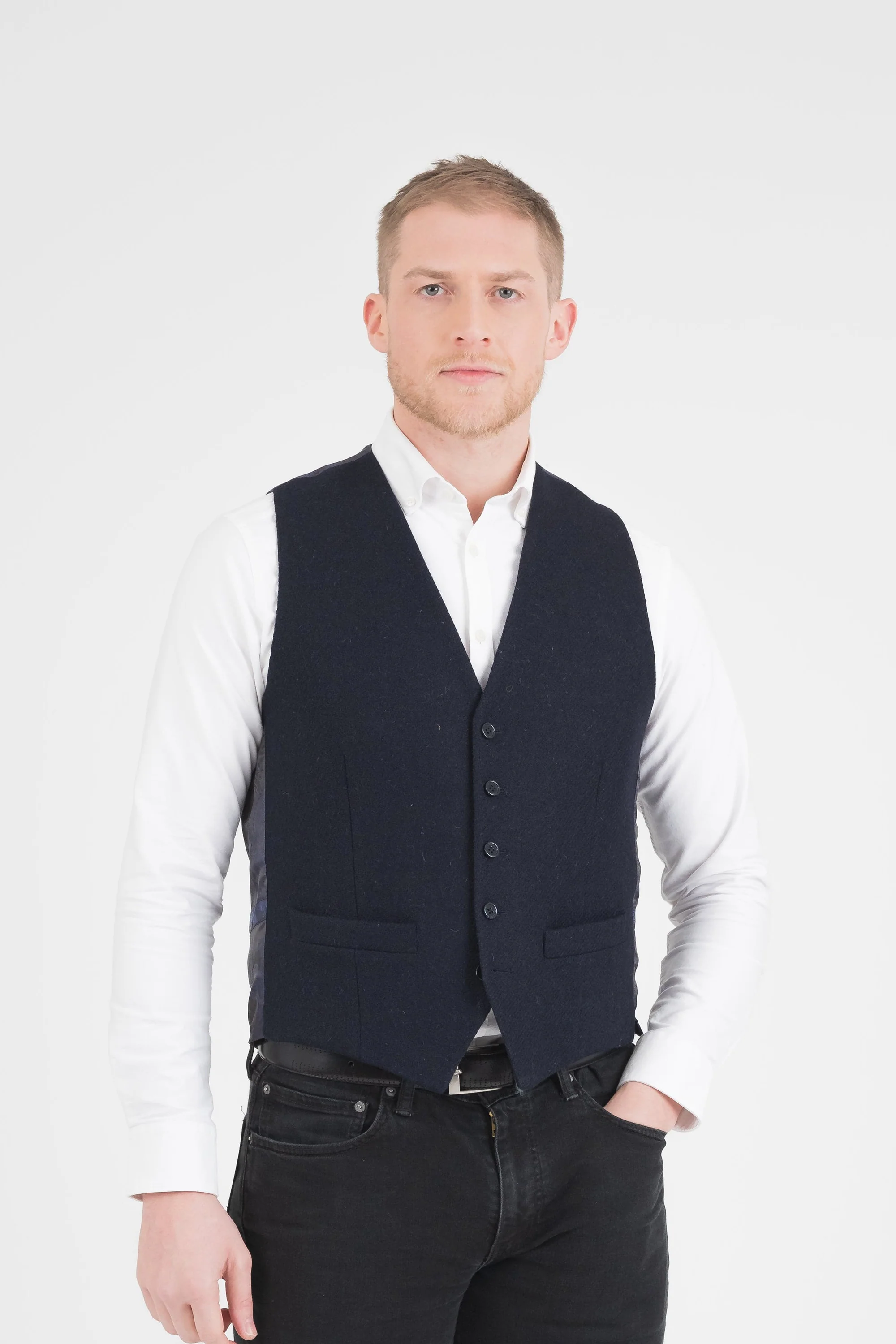 Harris Tweed Iain Waistcoat - Dark Navy Twill Solid - Image 2