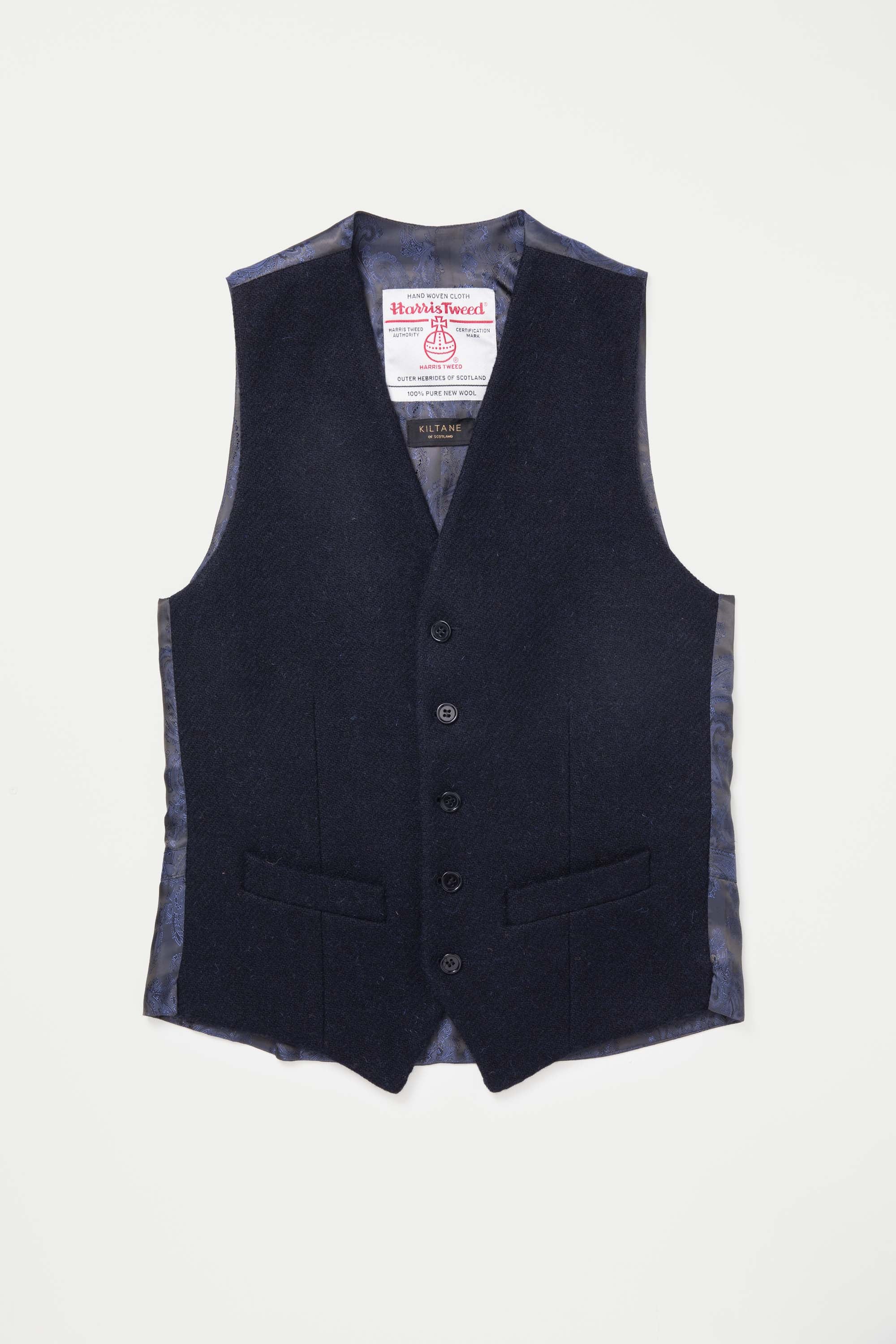 Harris Tweed Iain Waistcoat - Dark Navy Twill Solid - Image 4