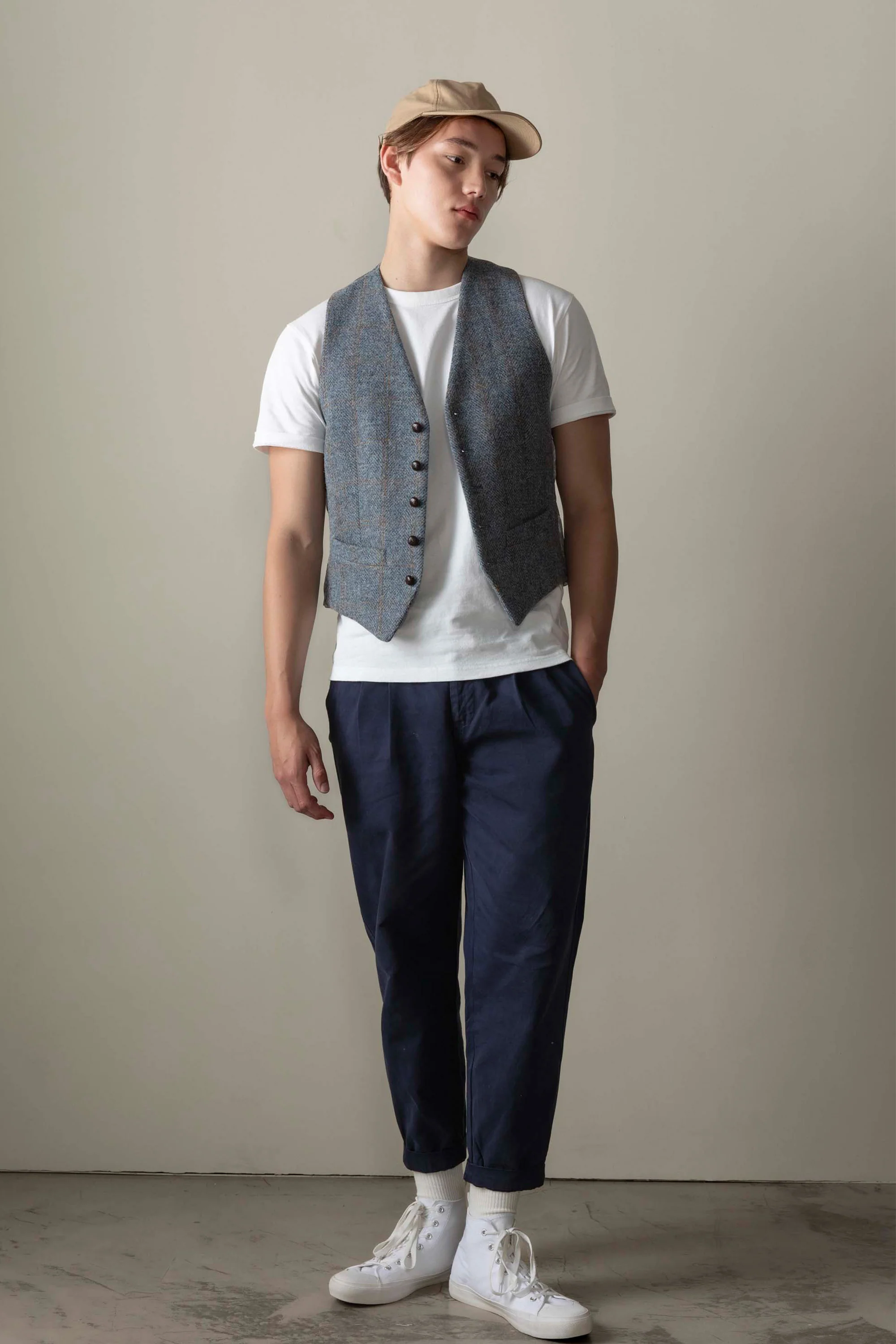 Harris Tweed Iain Waistcoat - Mid Blue Brown Windowpane