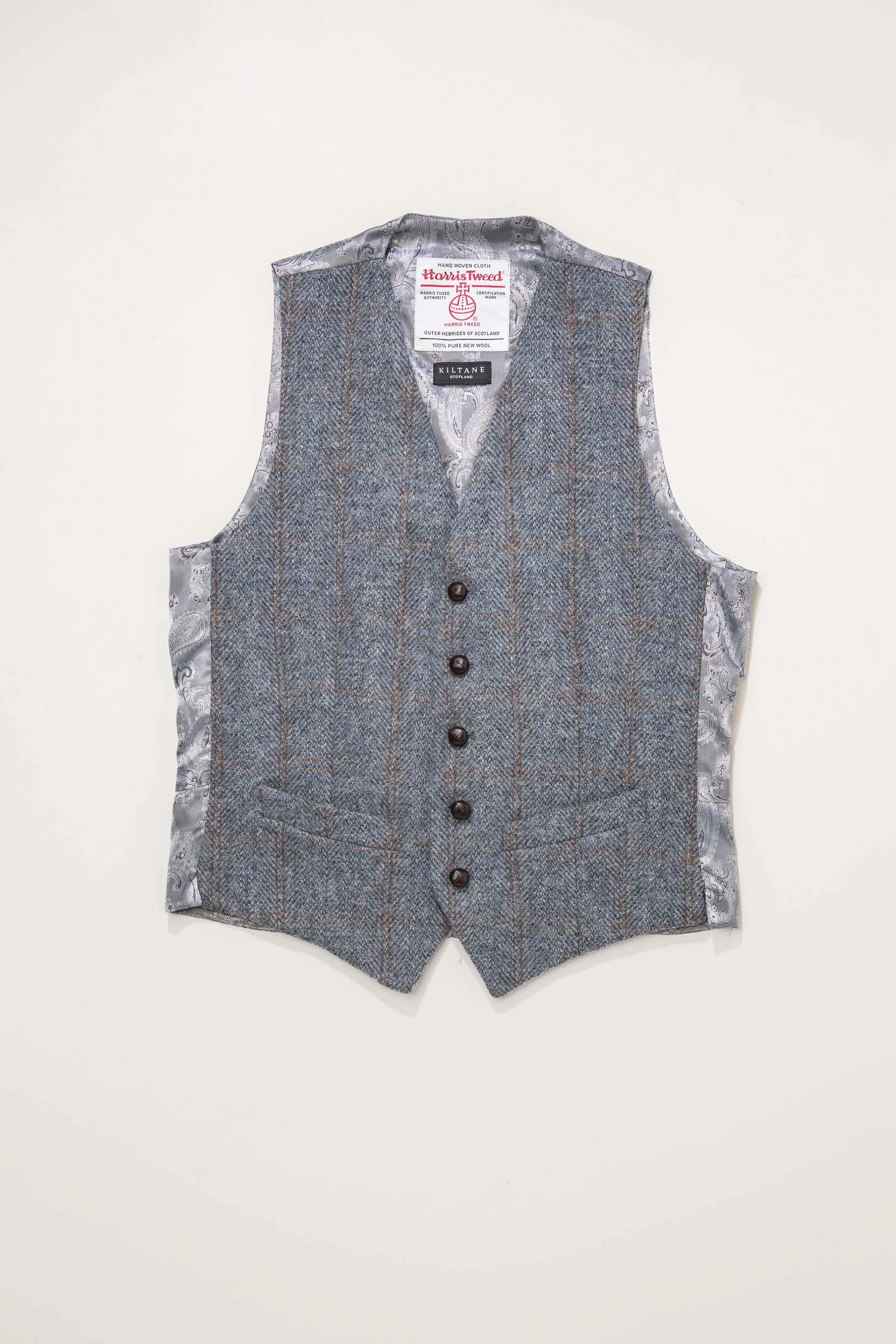 Harris Tweed Iain Waistcoat - Mid Blue Brown Windowpane - Image 2