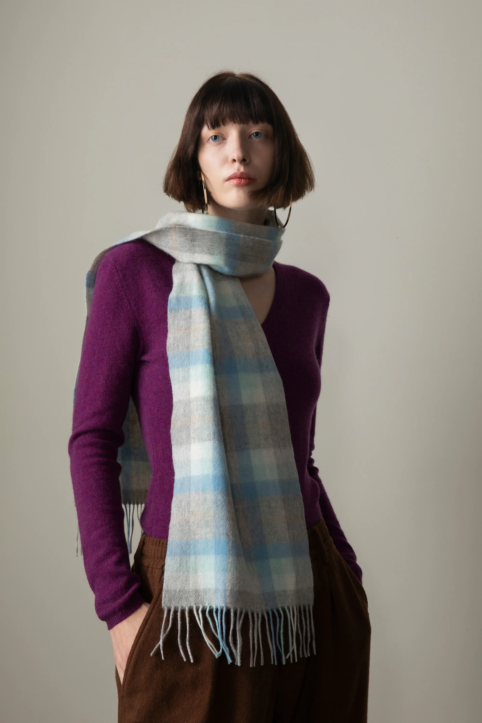 Contemporary Check Lambswool Scarf - Aqua - Image 2