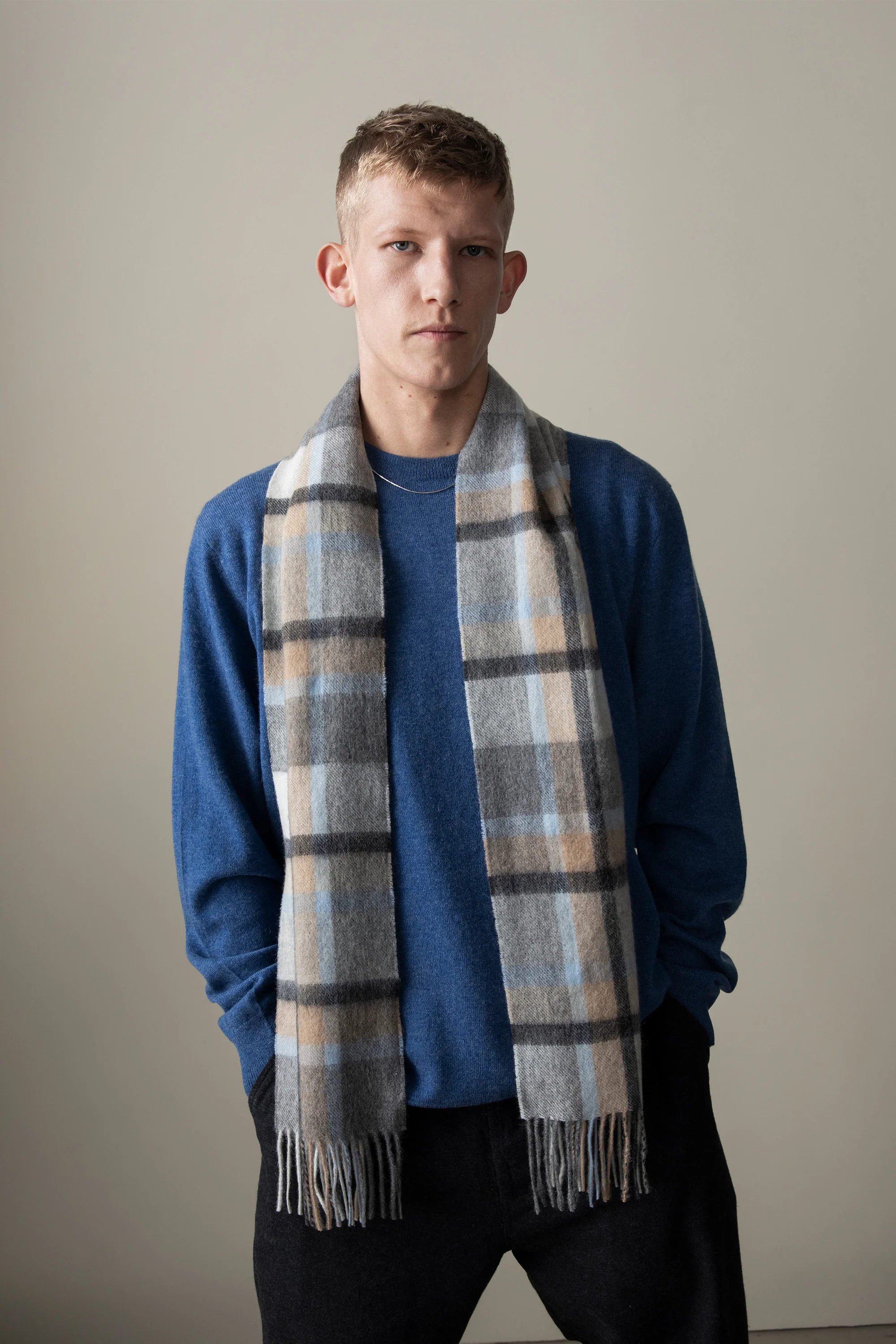 Princeton Check Lambswool Scarf - Blue - Image 2