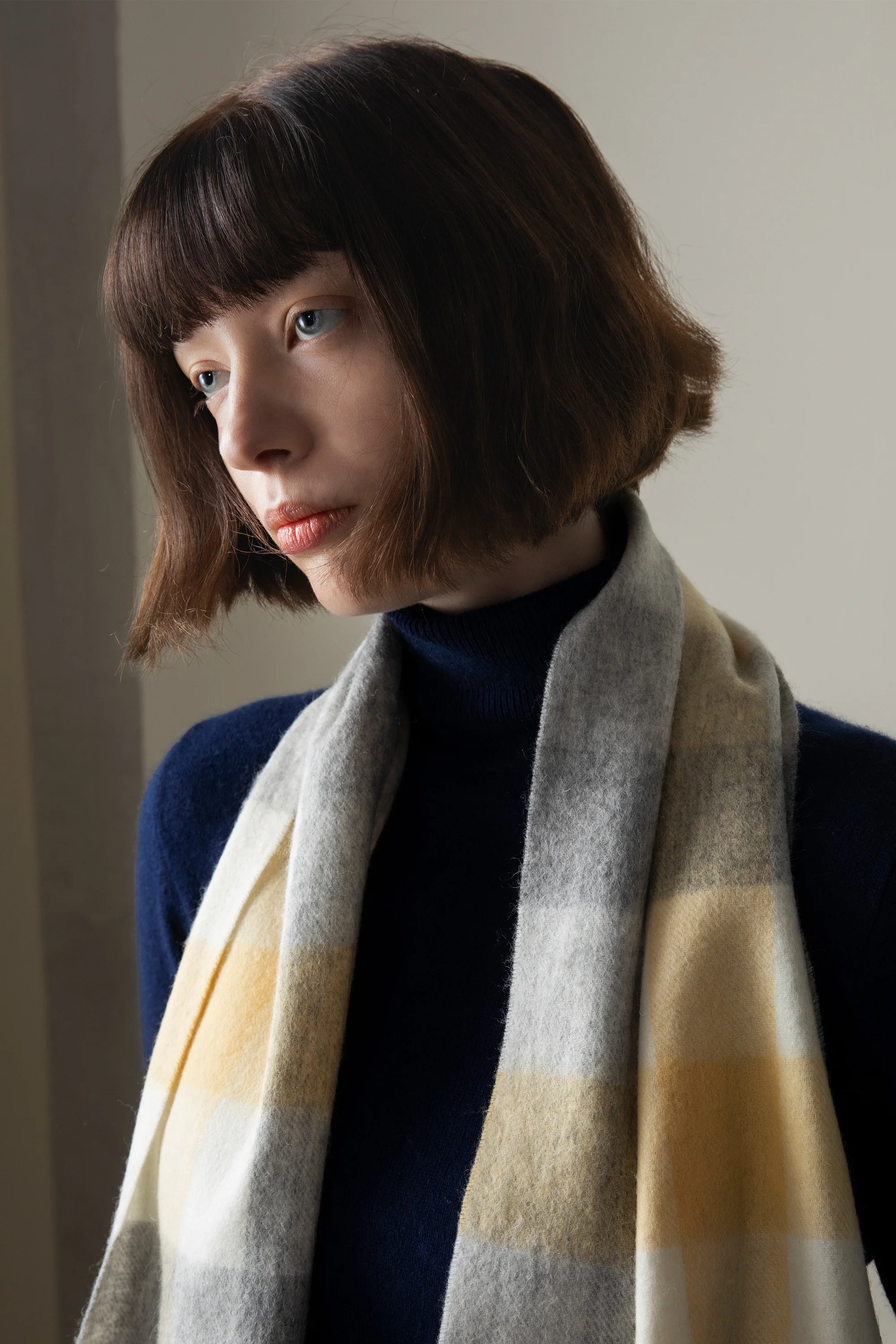 5 Square Check Lambswool Scarf - Butter - Image 2