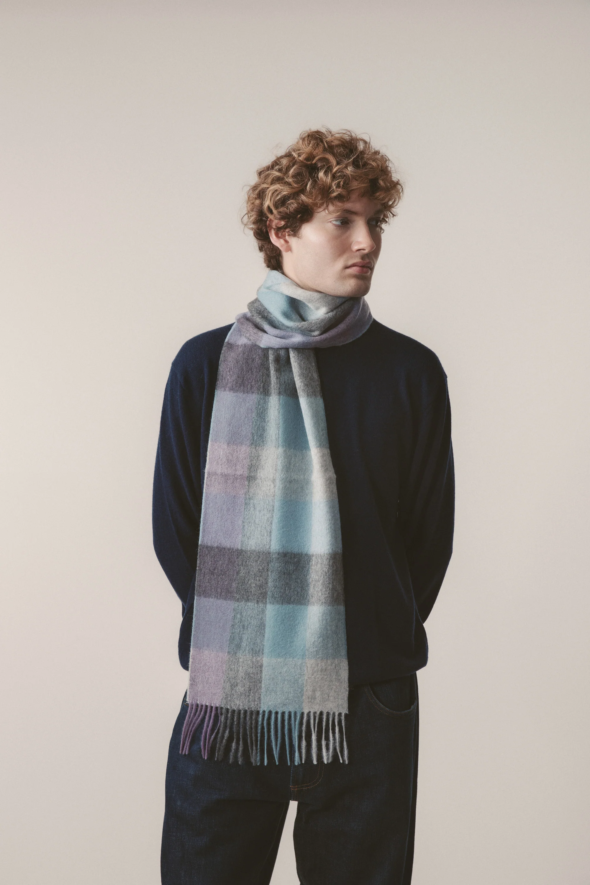 Checkers Lambswool Scarf - Grey Blue