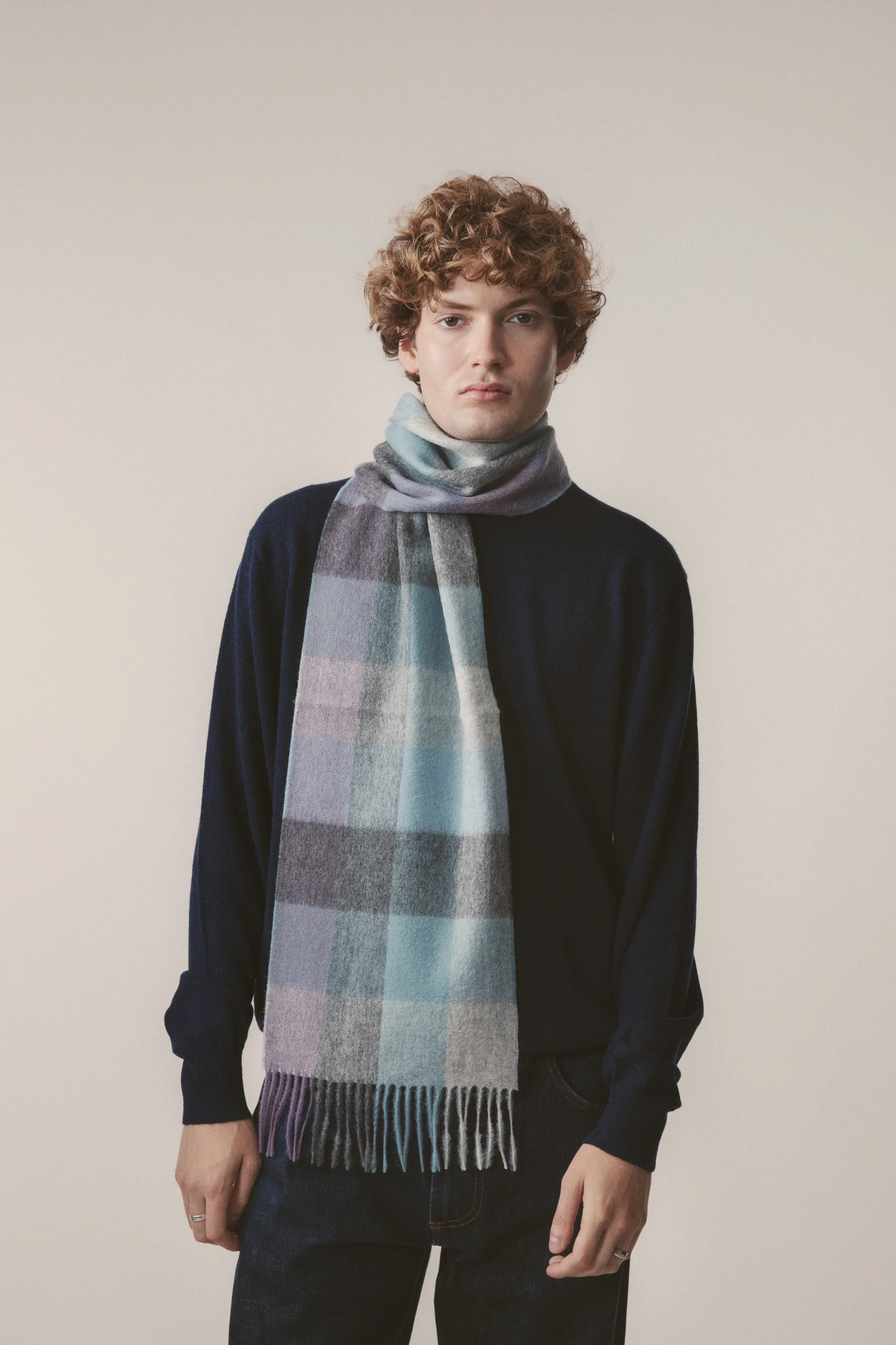 Checkers Lambswool Scarf - Grey Blue - Image 2
