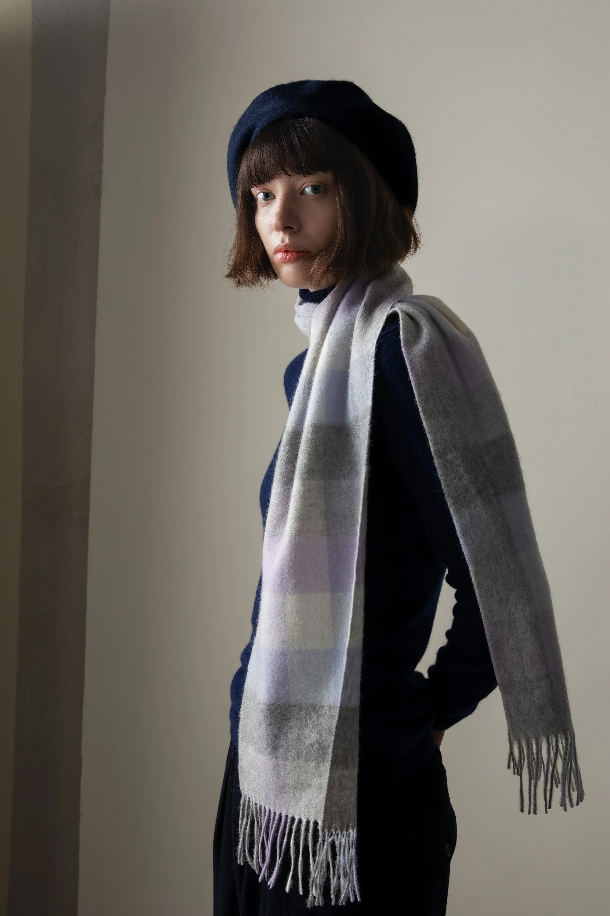 5 Square Check Lambswool Scarf - Lilac - Image 2