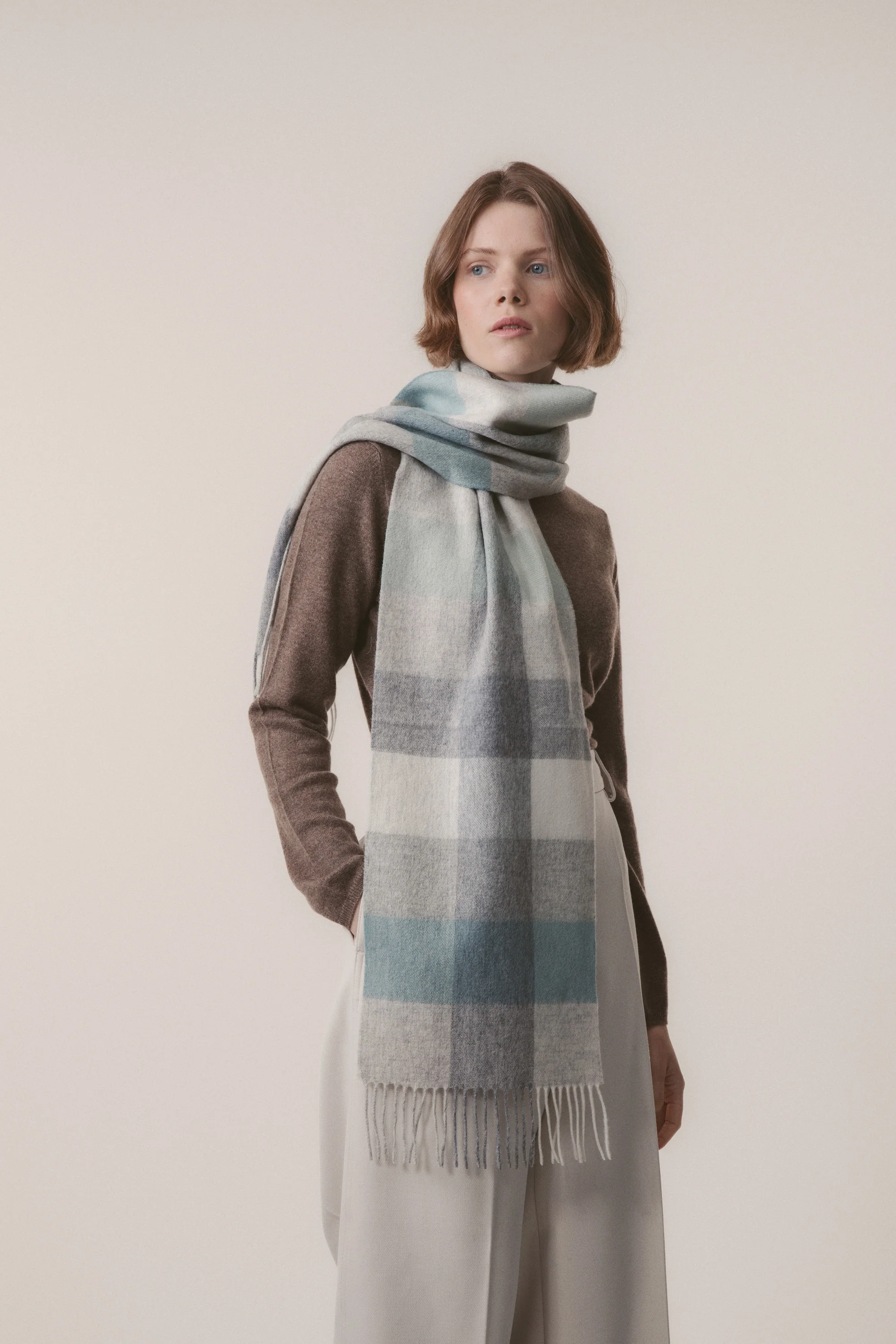 3 Square Check Lambswool Scarf - Sea Breeze - Image 2
