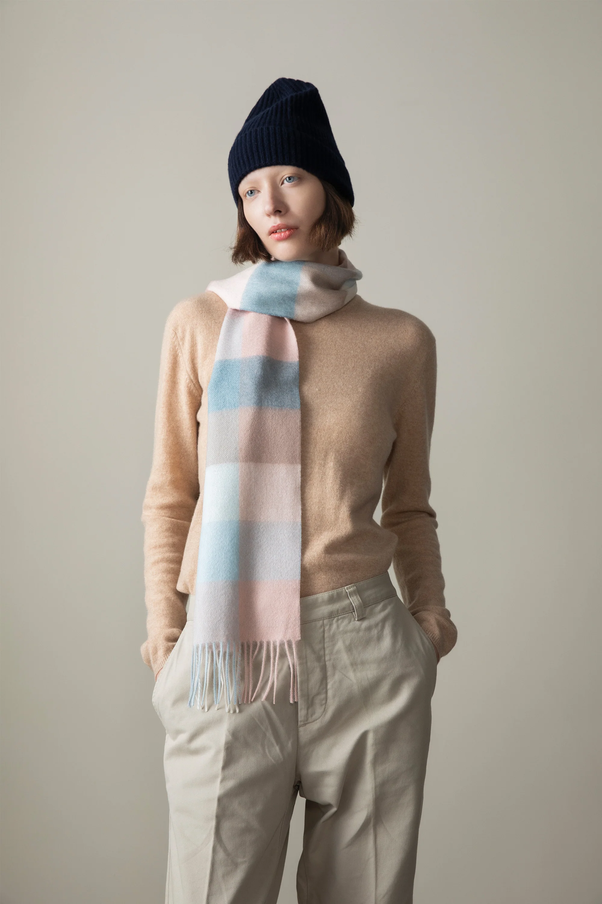 3 Square Check Lambswool Scarf - Seashell - Image 2