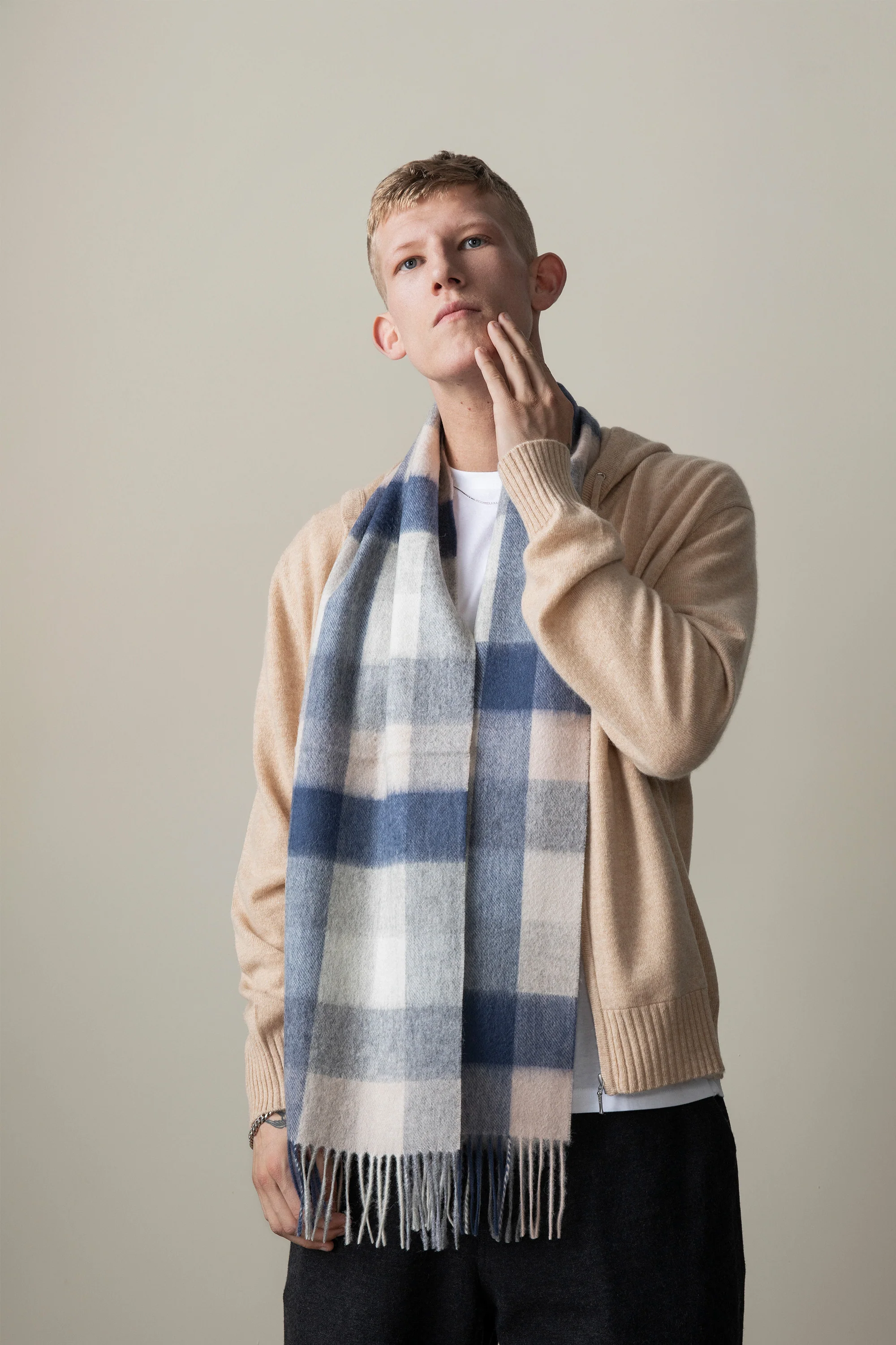 5 Square Check Lambswool Scarf - Swiss Coffee - Image 2