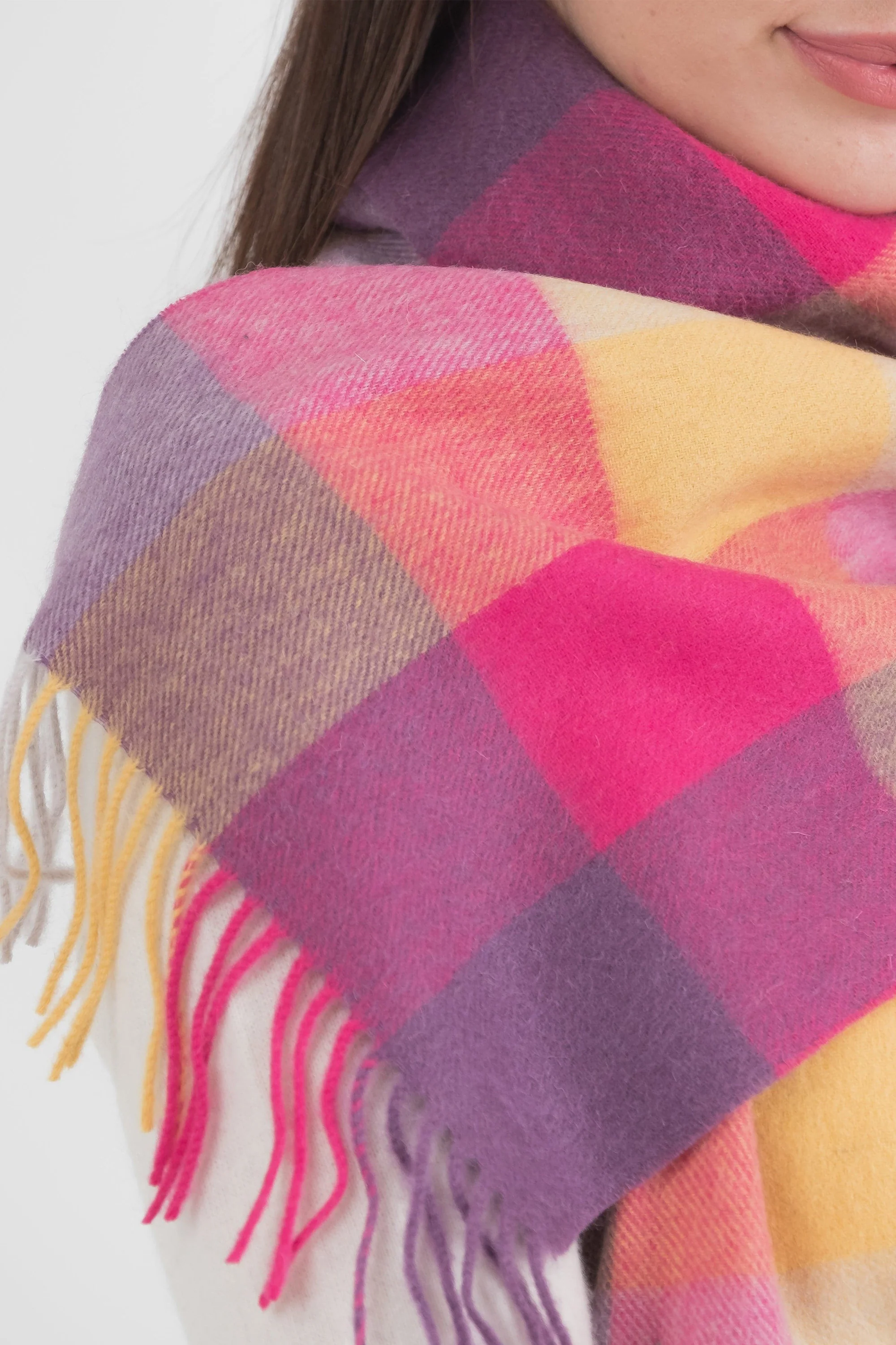 Checkers Lambswool Scarf - Yellow Pink - Image 2