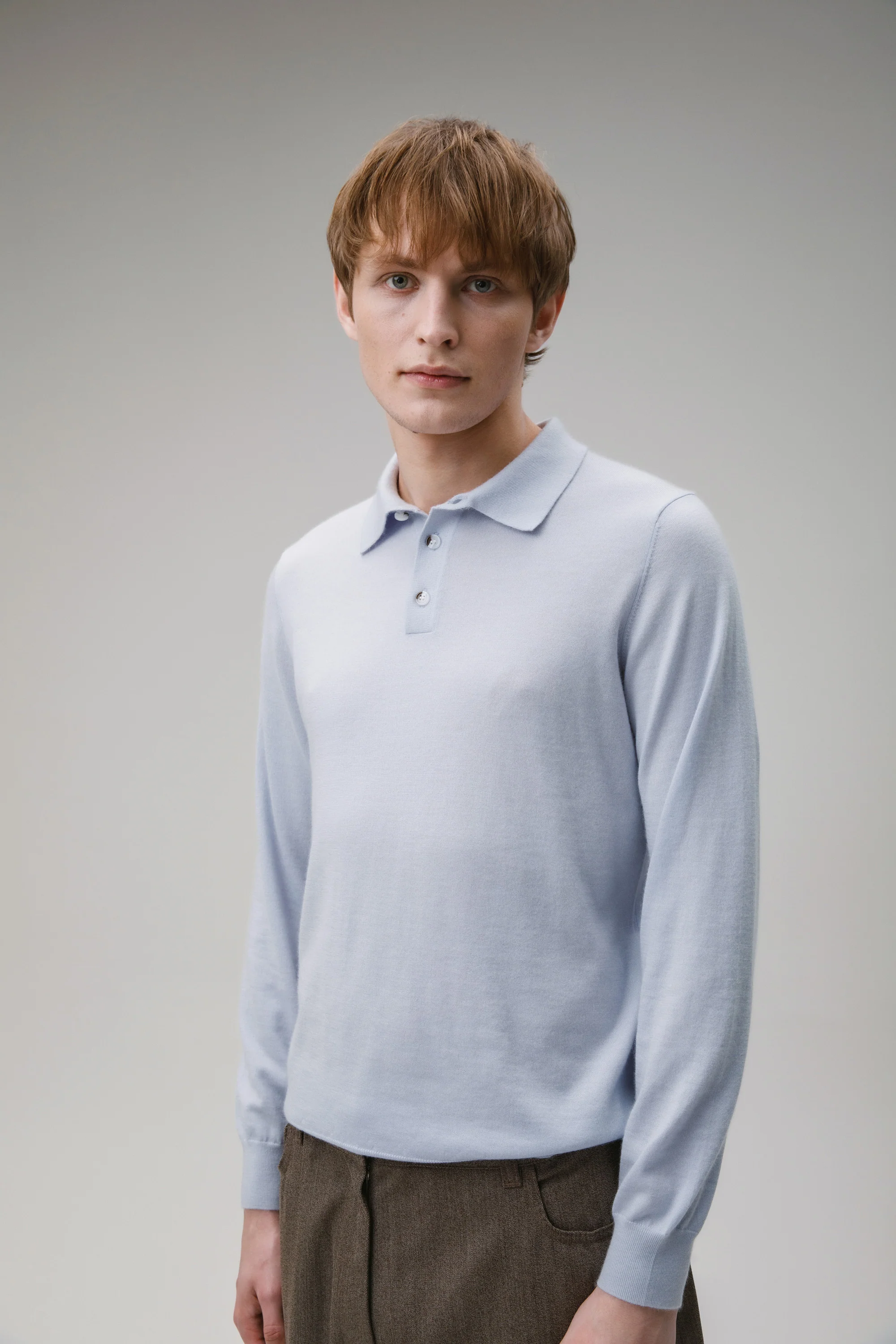 Long Sleeve Cashmere Polo - Pale Blue