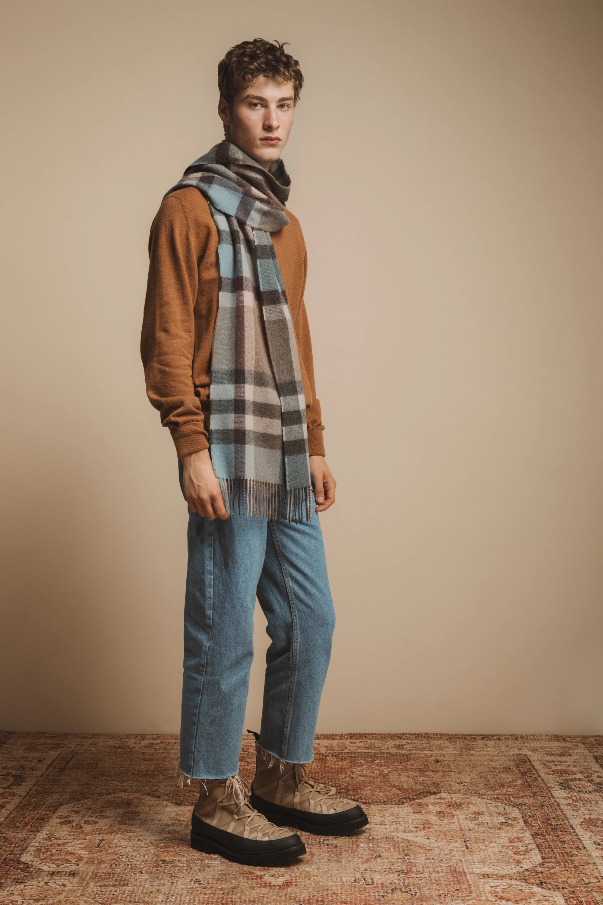 Made in Scotland Tartan Cashmere Wide Scarf - Blue Taupe