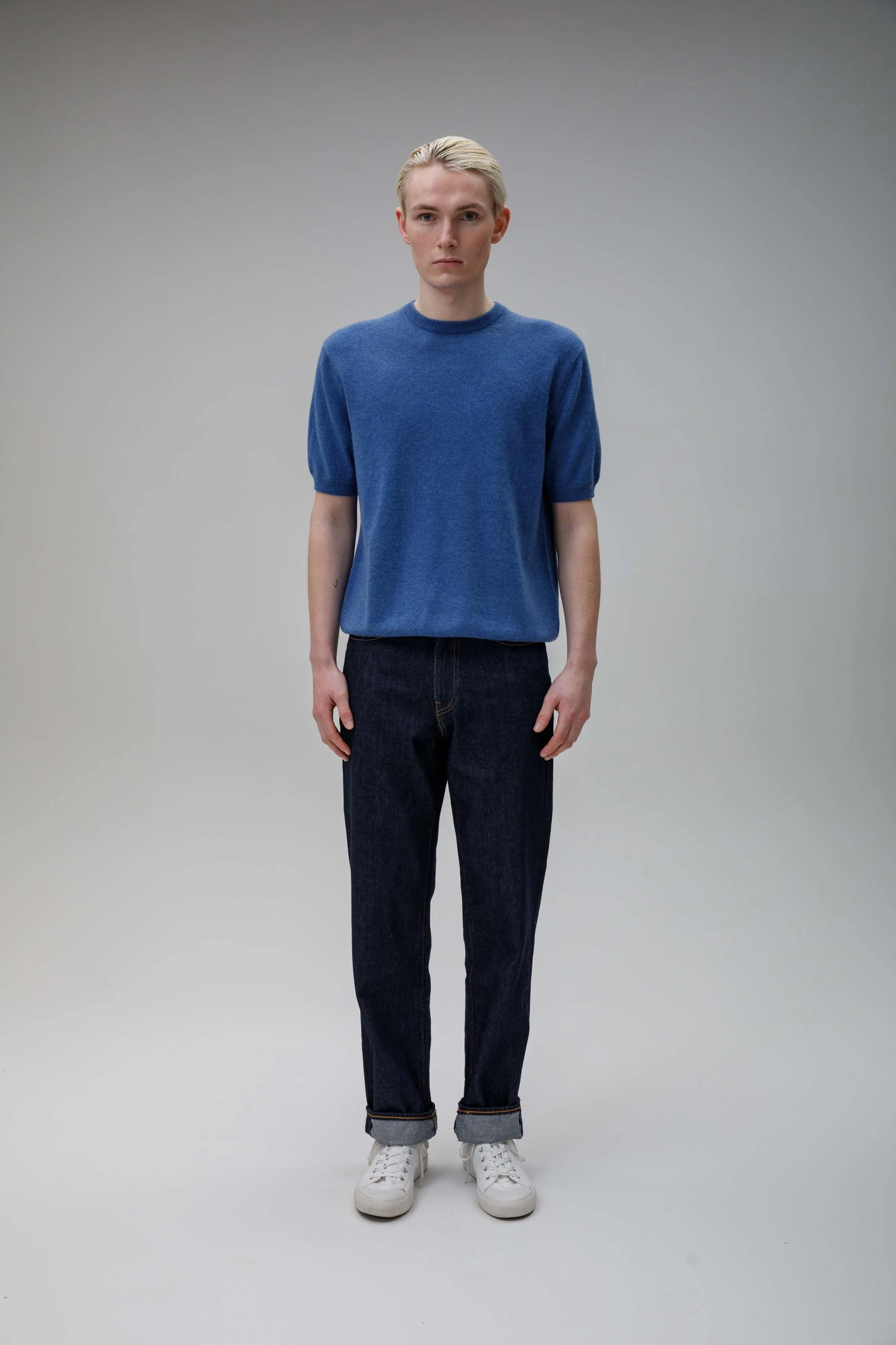 Men's Crew Neck Cashmere T-shirt - Denim - Image 2