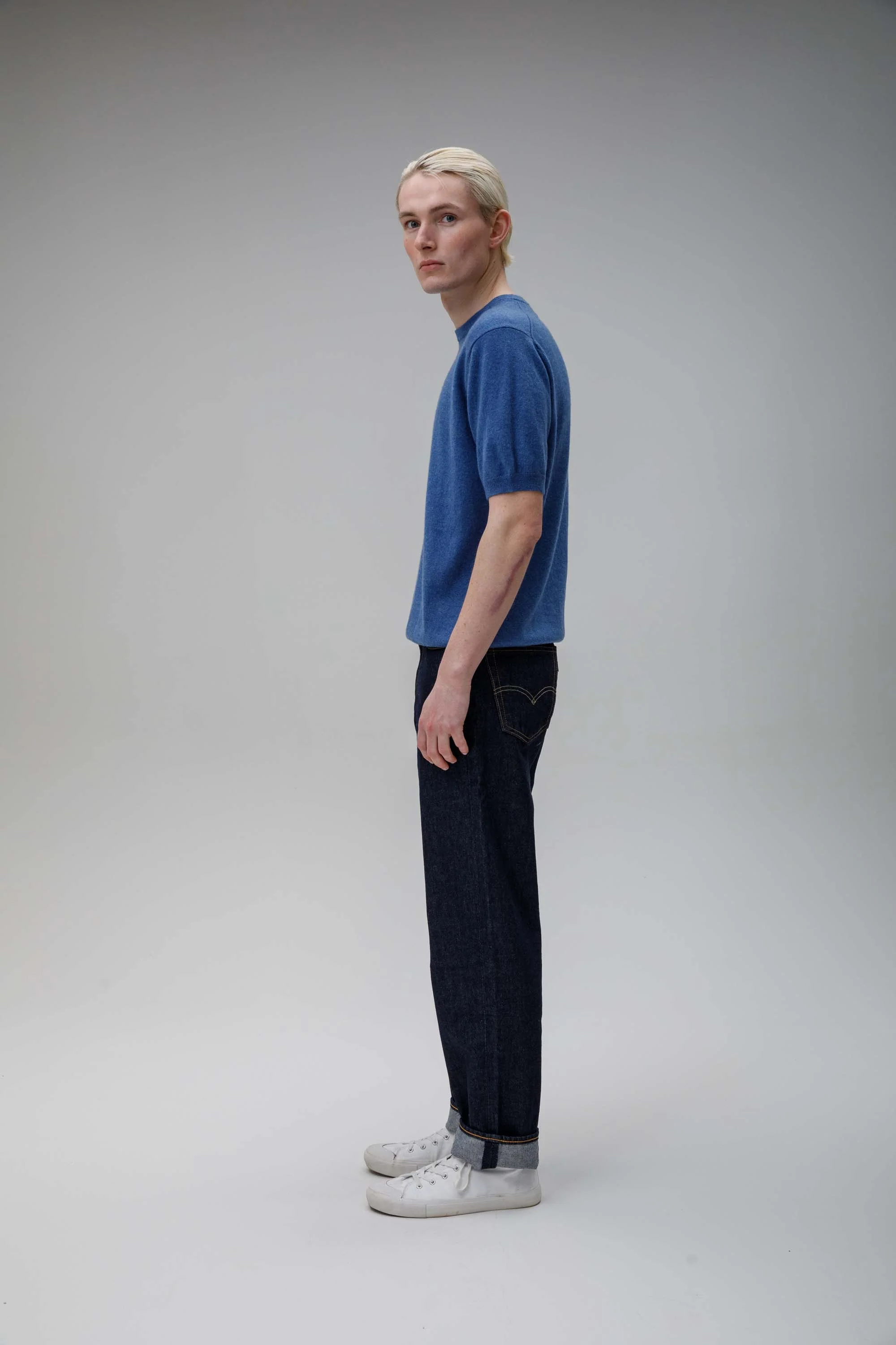 Men's Crew Neck Cashmere T-shirt - Denim - Image 3