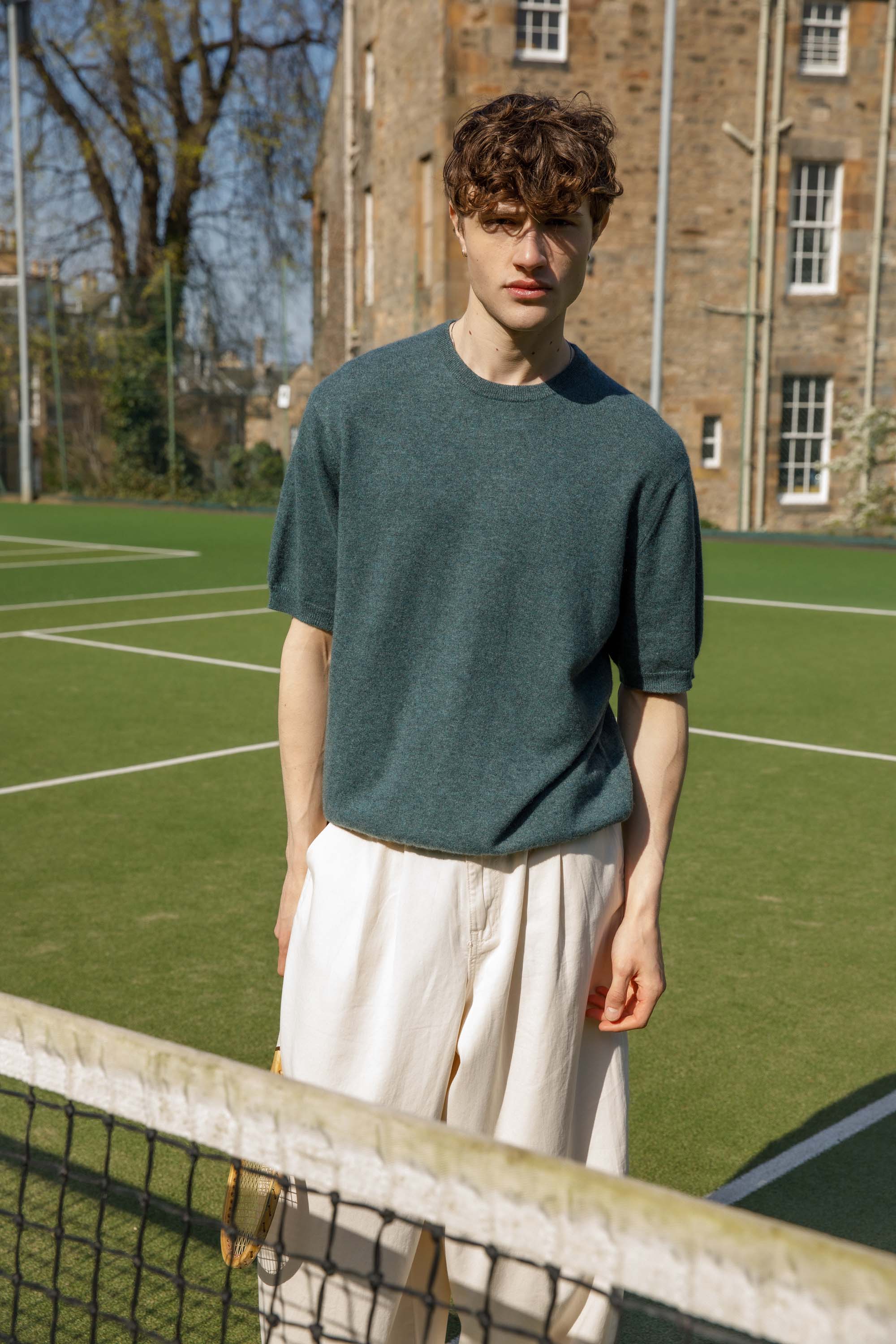 Men's Crew Neck Cashmere T-shirt - Haze Green