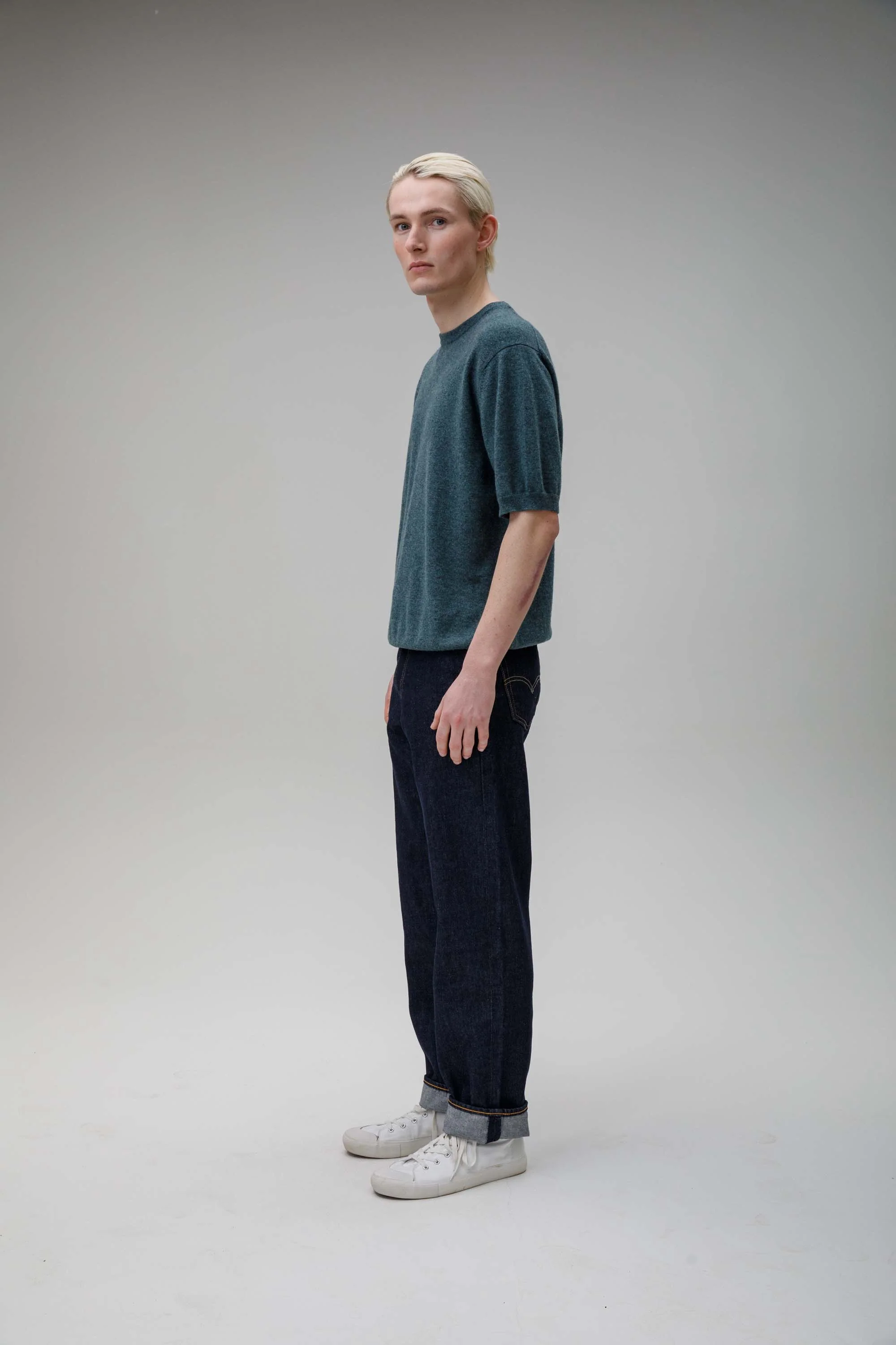 Men's Crew Neck Cashmere T-shirt - Haze Green - Image 3