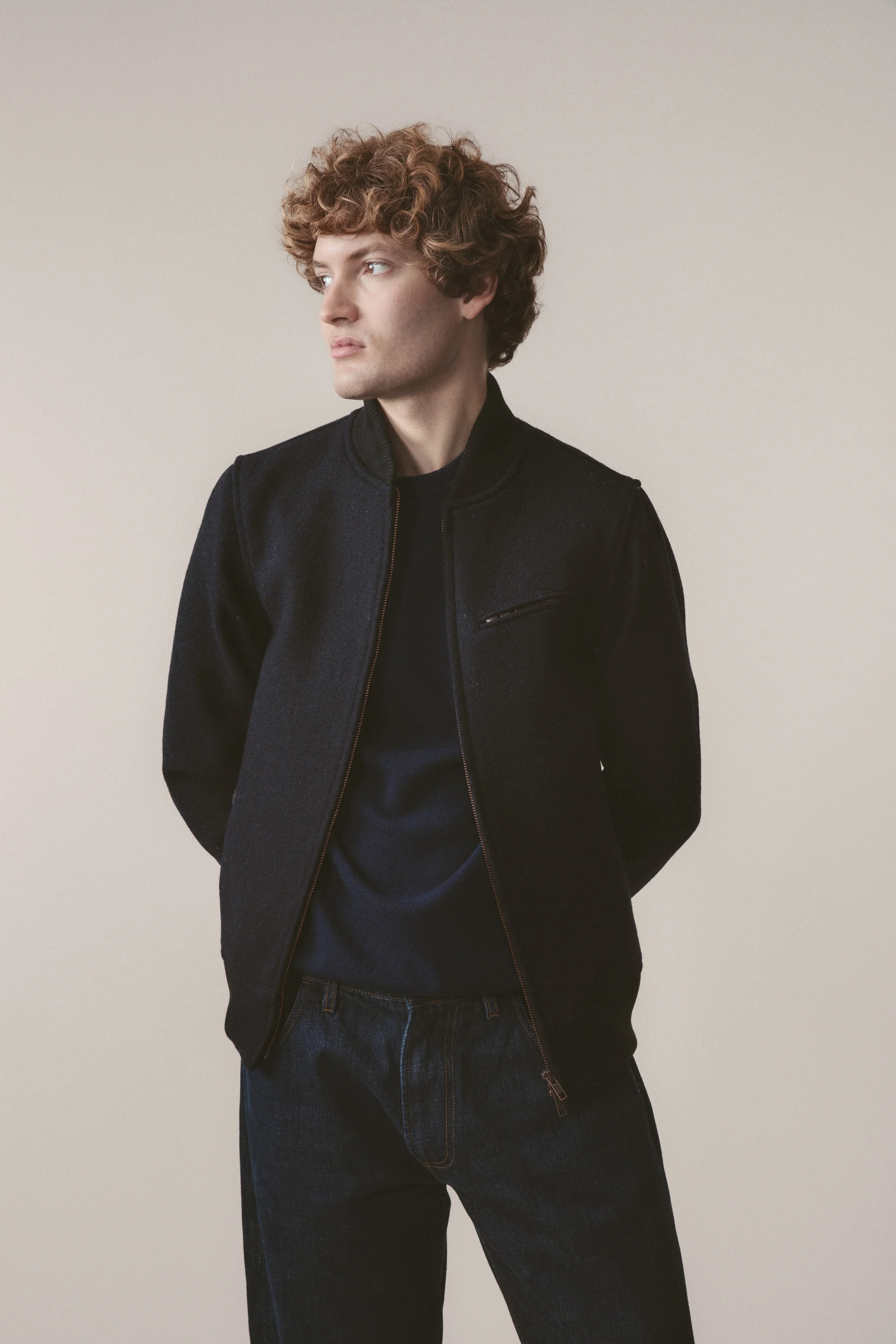 Men's Harris Tweed Bomber Jacket - Dark Navy Twill Solid