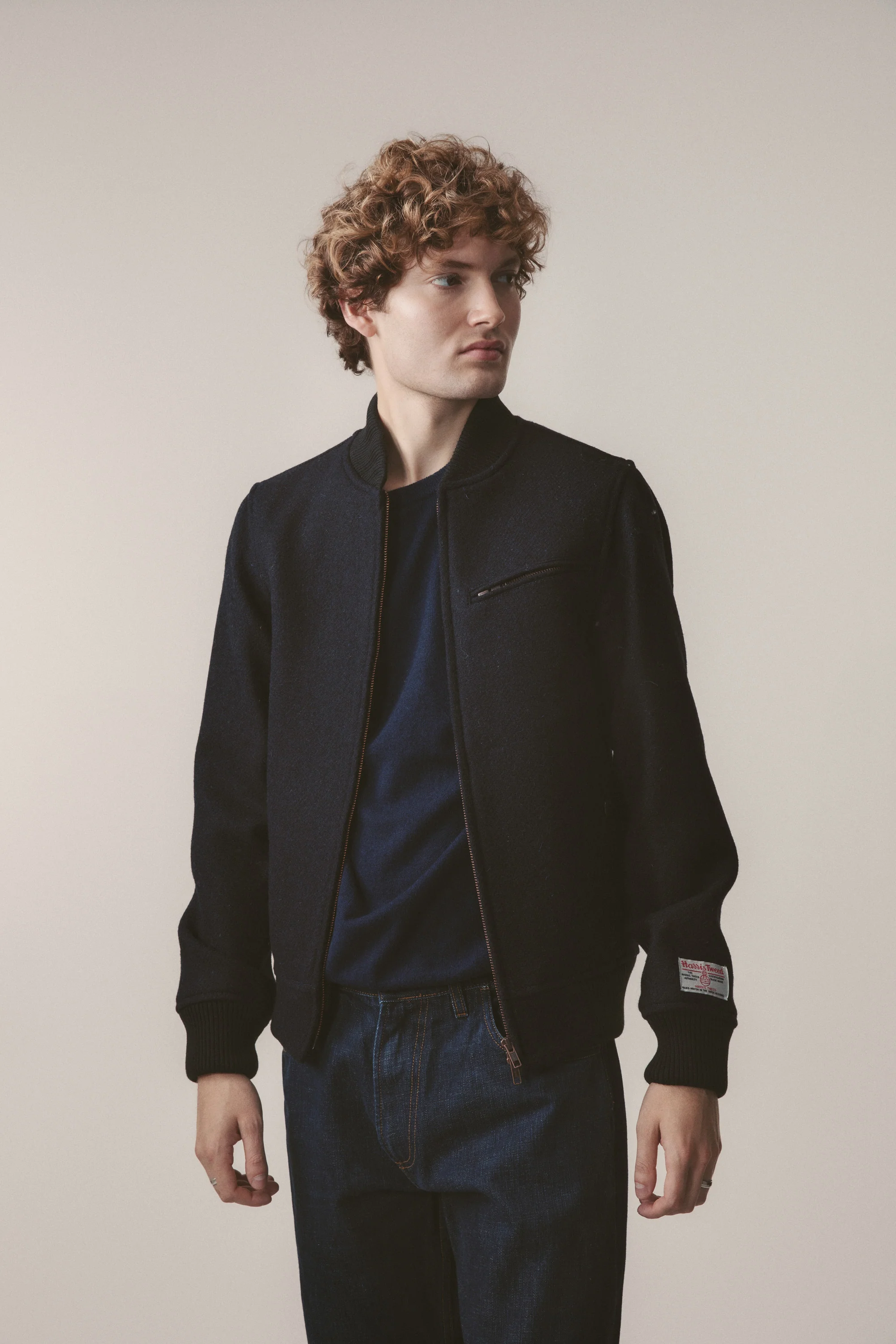 Men's Harris Tweed Bomber Jacket - Dark Navy Twill Solid - Image 2