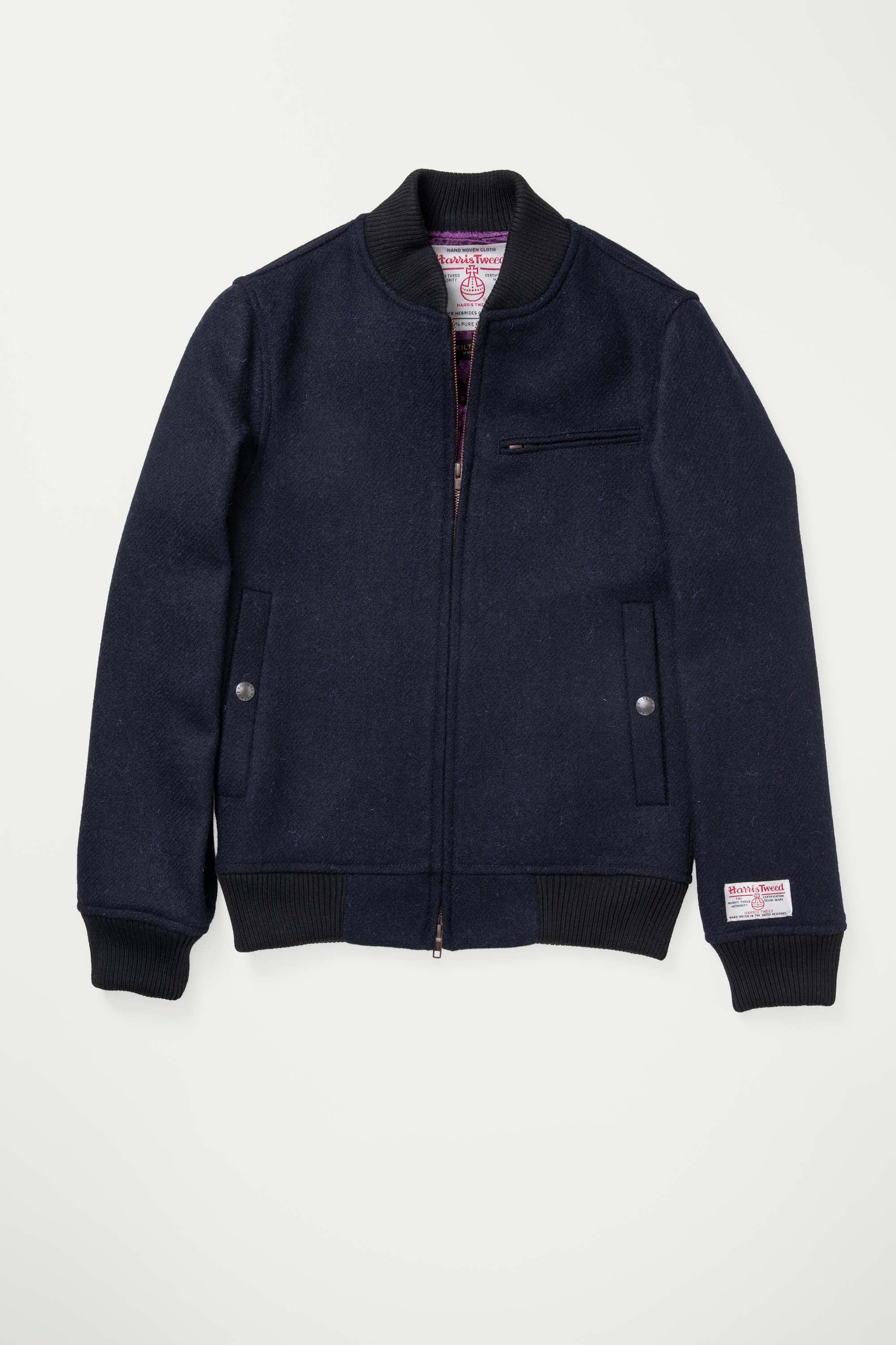 Men's Harris Tweed Bomber Jacket - Dark Navy Twill Solid - Image 5