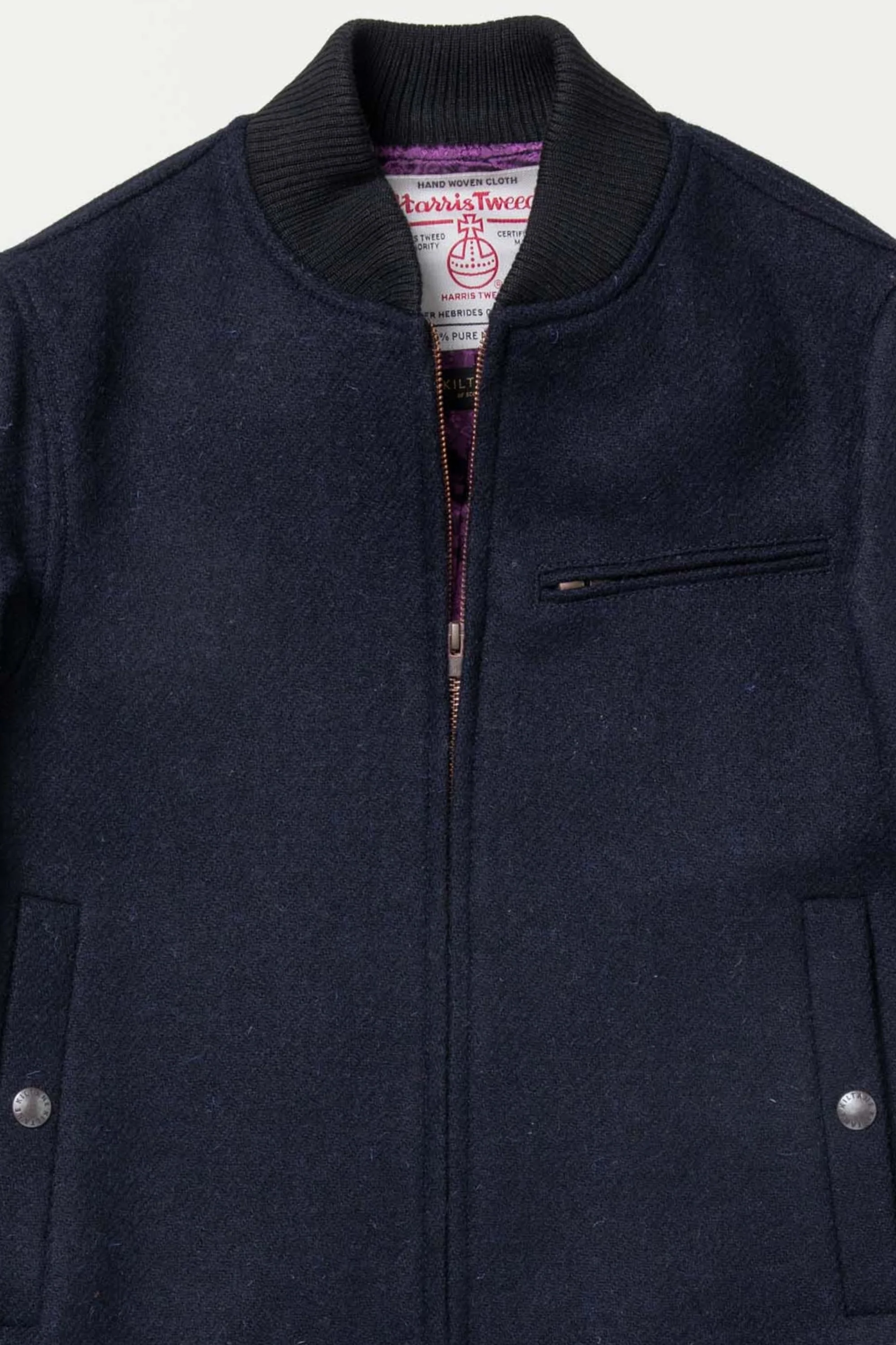 Men's Harris Tweed Bomber Jacket - Dark Navy Twill Solid - Image 6