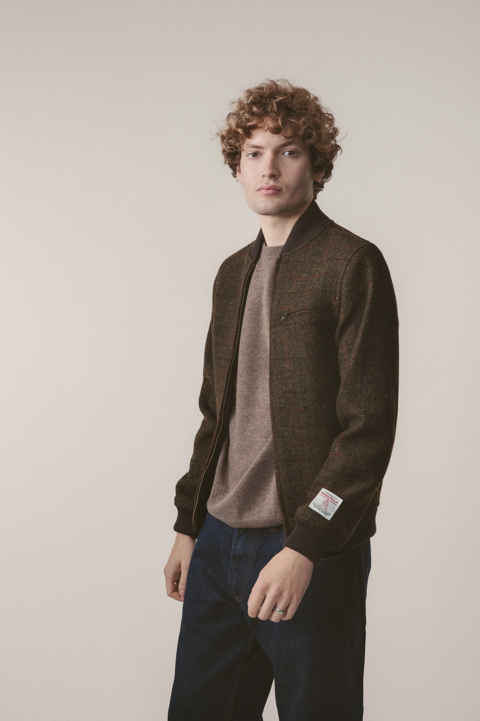 Men's Harris Tweed Bomber Jacket - Green Check - Image 4