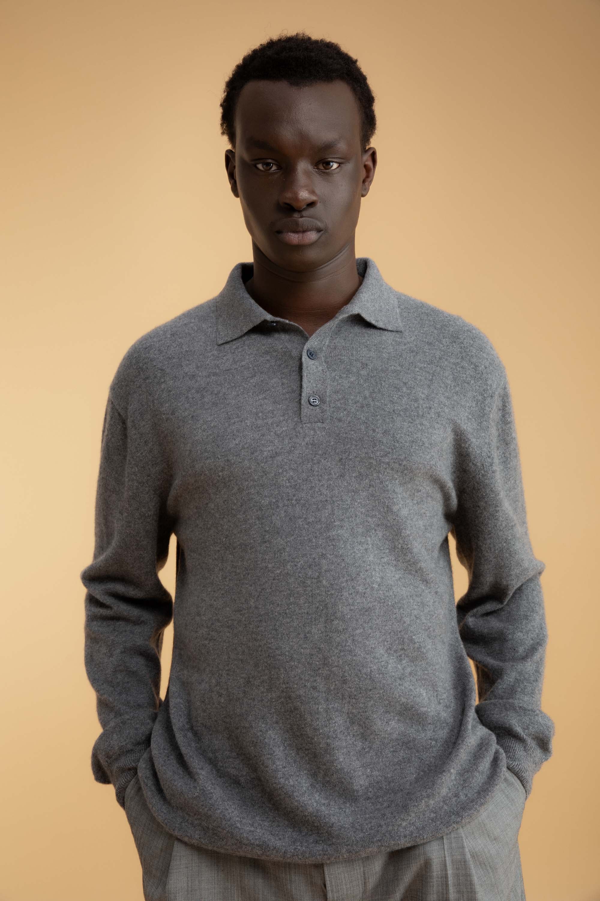 Men's Long Sleeved Knitted Polo Shirt - Derby Grey - Image 8