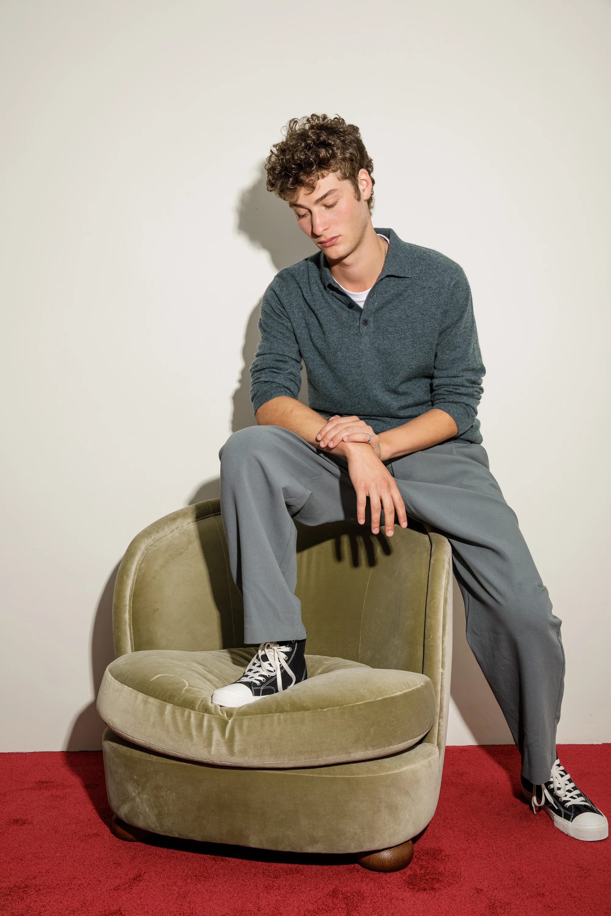 Men's Long Sleeved Knitted Polo Shirt - Haze Green - Image 2