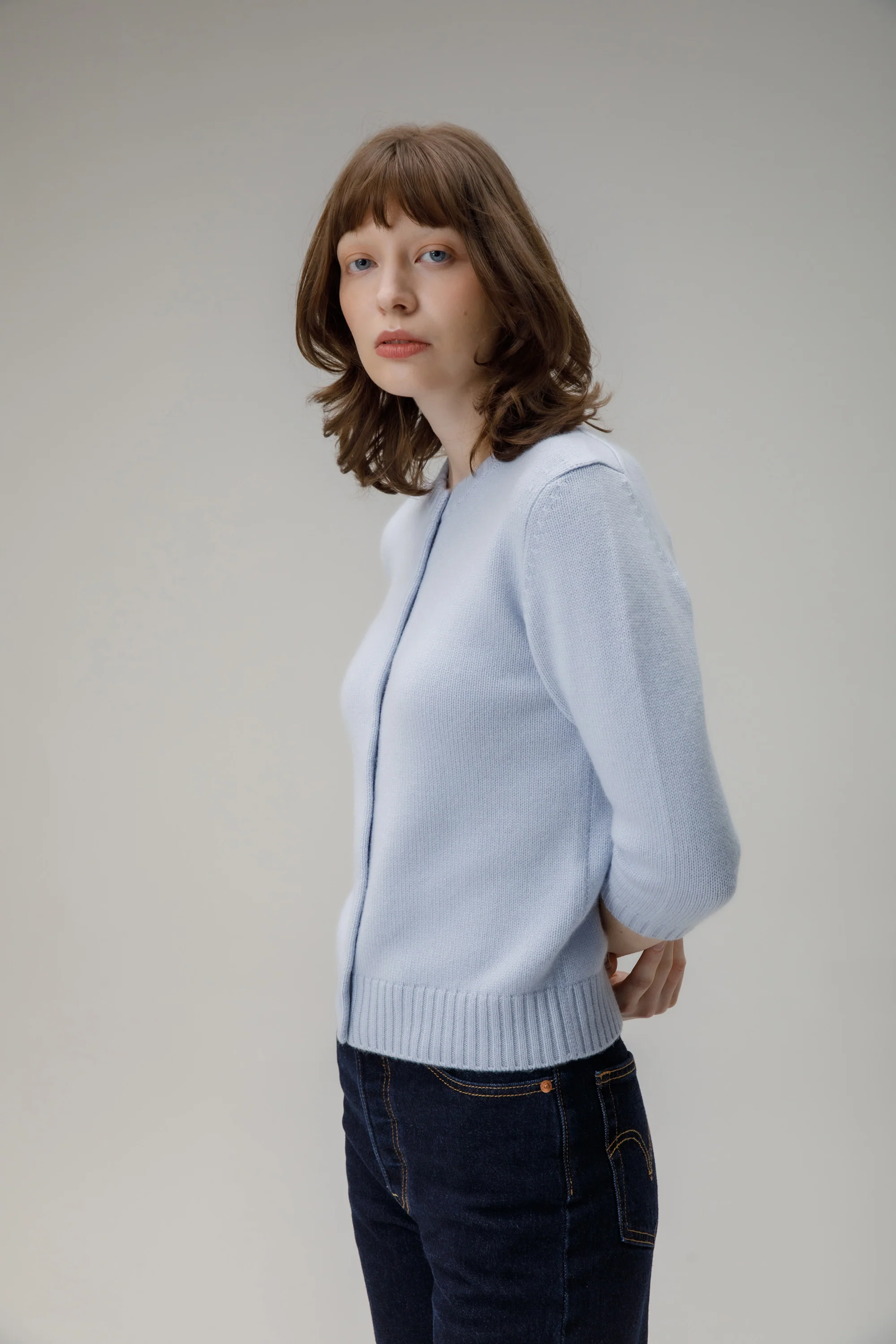 New Town 3/4 Sleeve Cashmere Cardigan - Blue Aura - Image 3