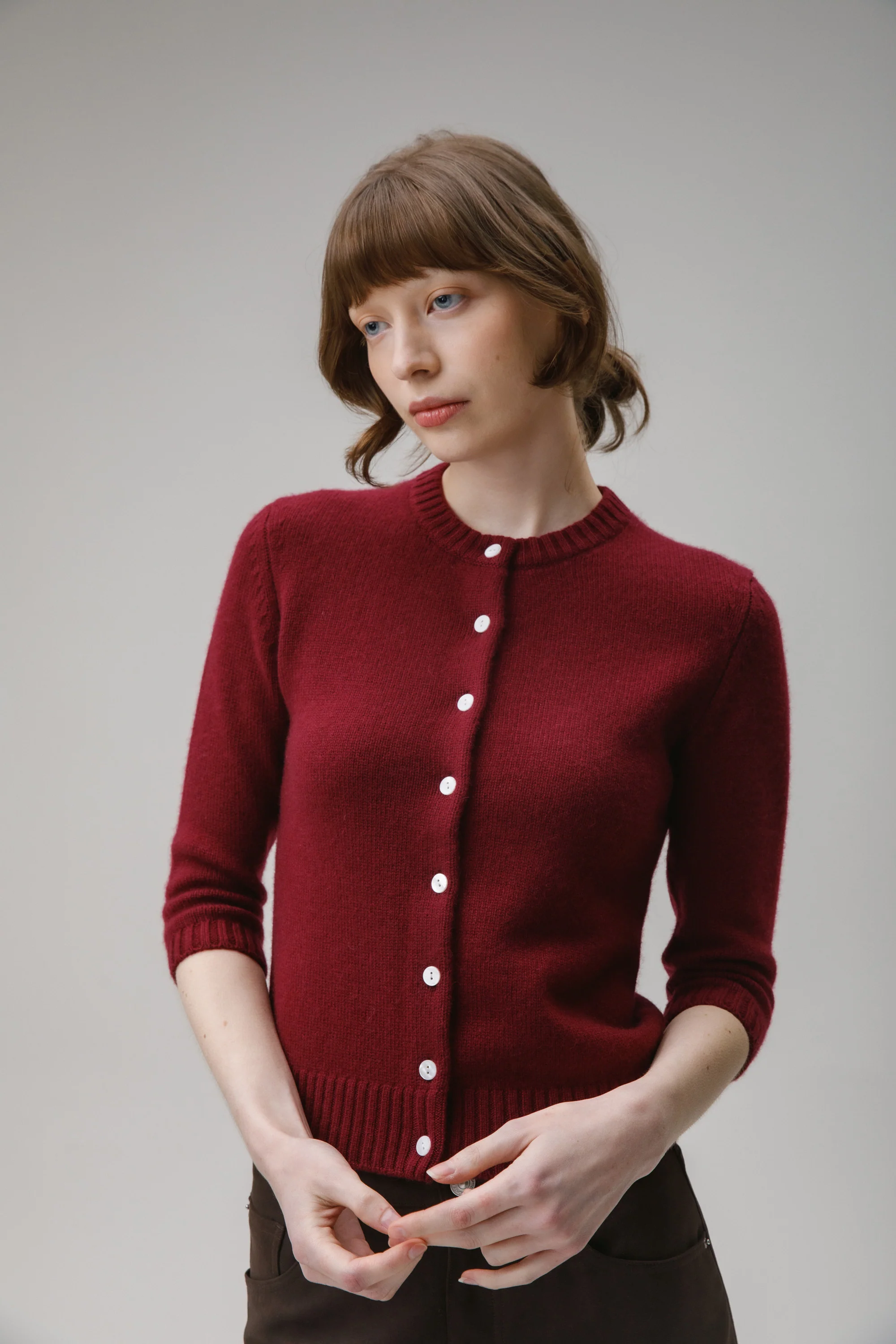 New Town 3/4 Sleeve Cashmere Cardigan - Burgundy