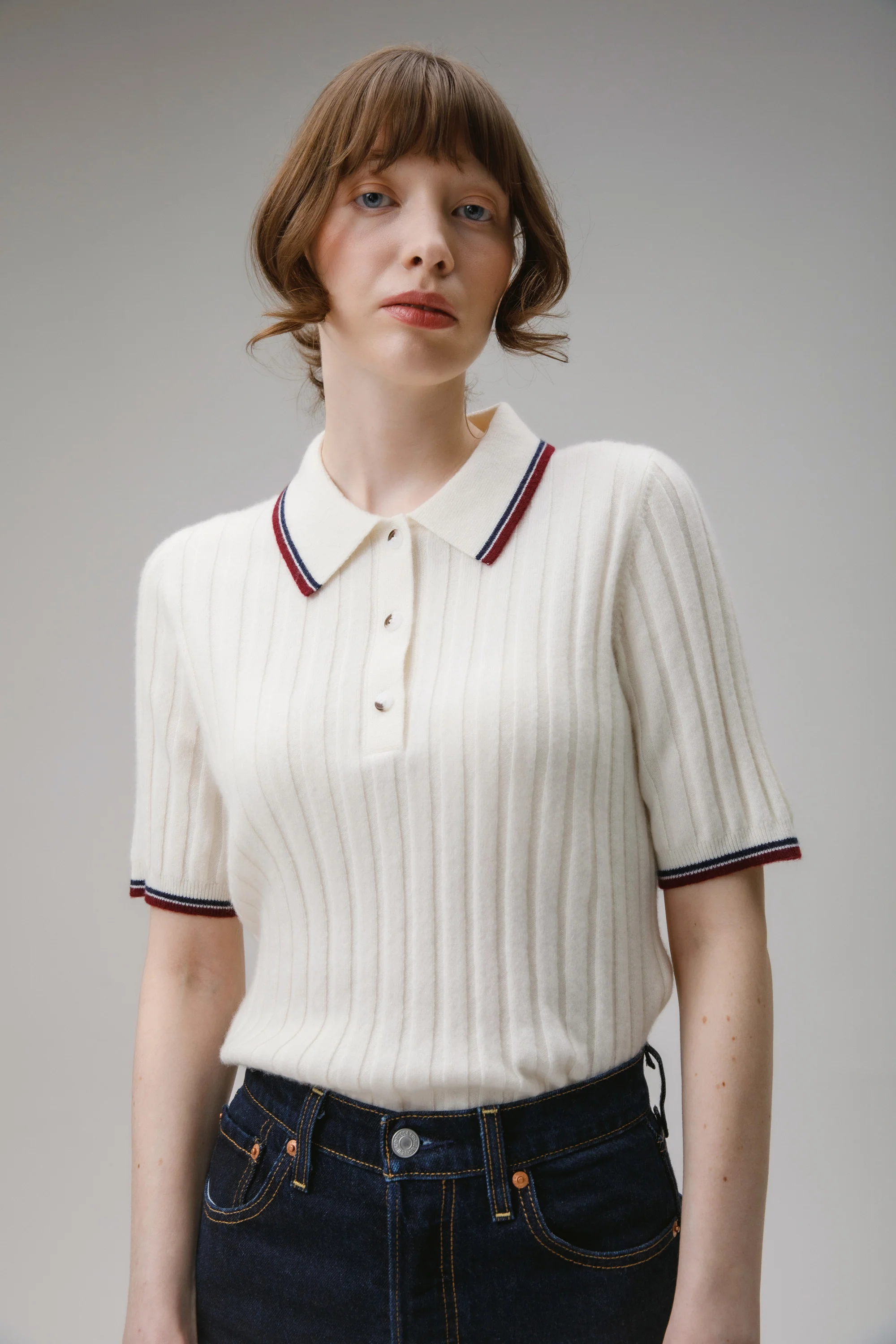 Ribbed Knit Cashmere Polo - Off White - Image 2