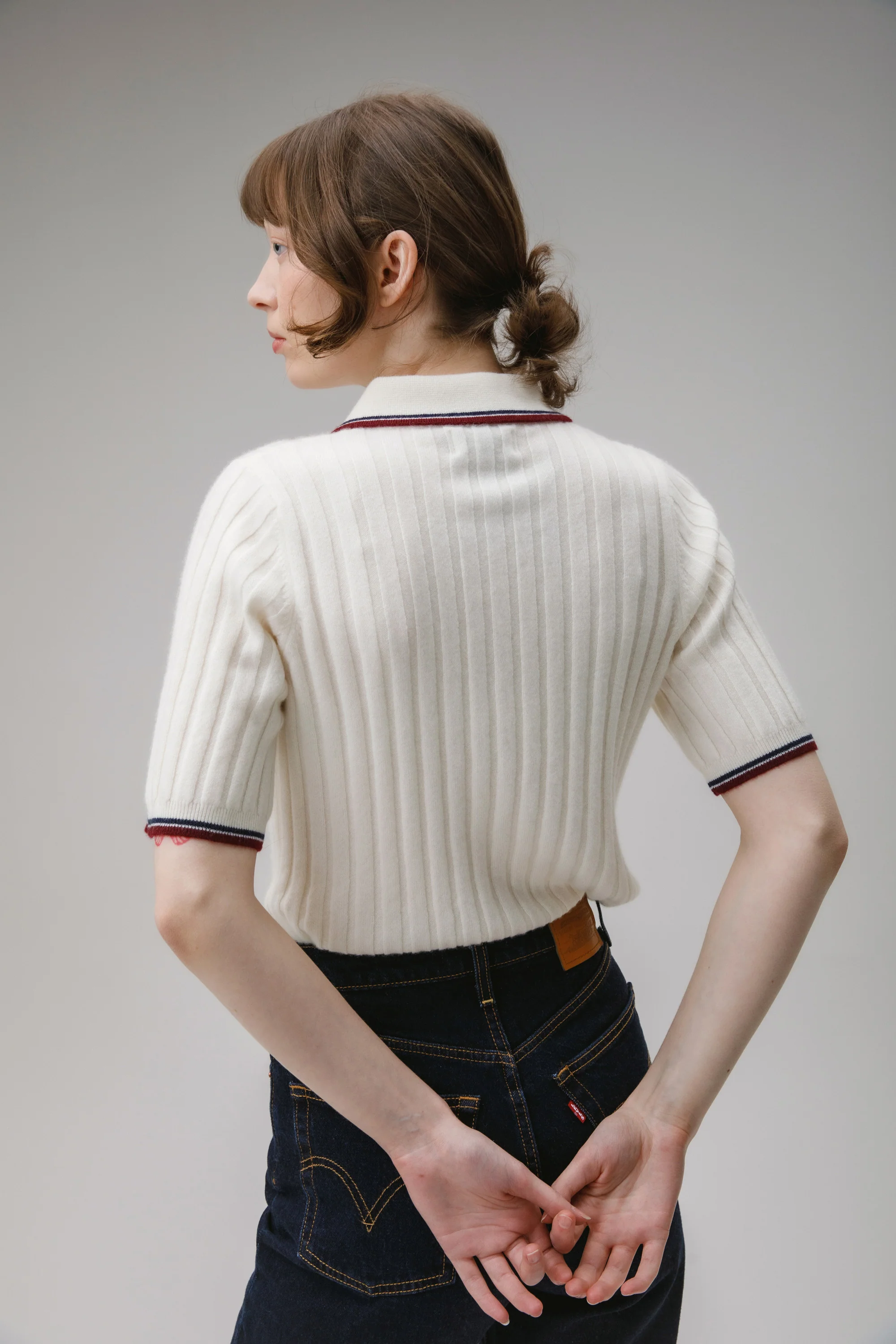 Ribbed Knit Cashmere Polo - Off White - Image 3