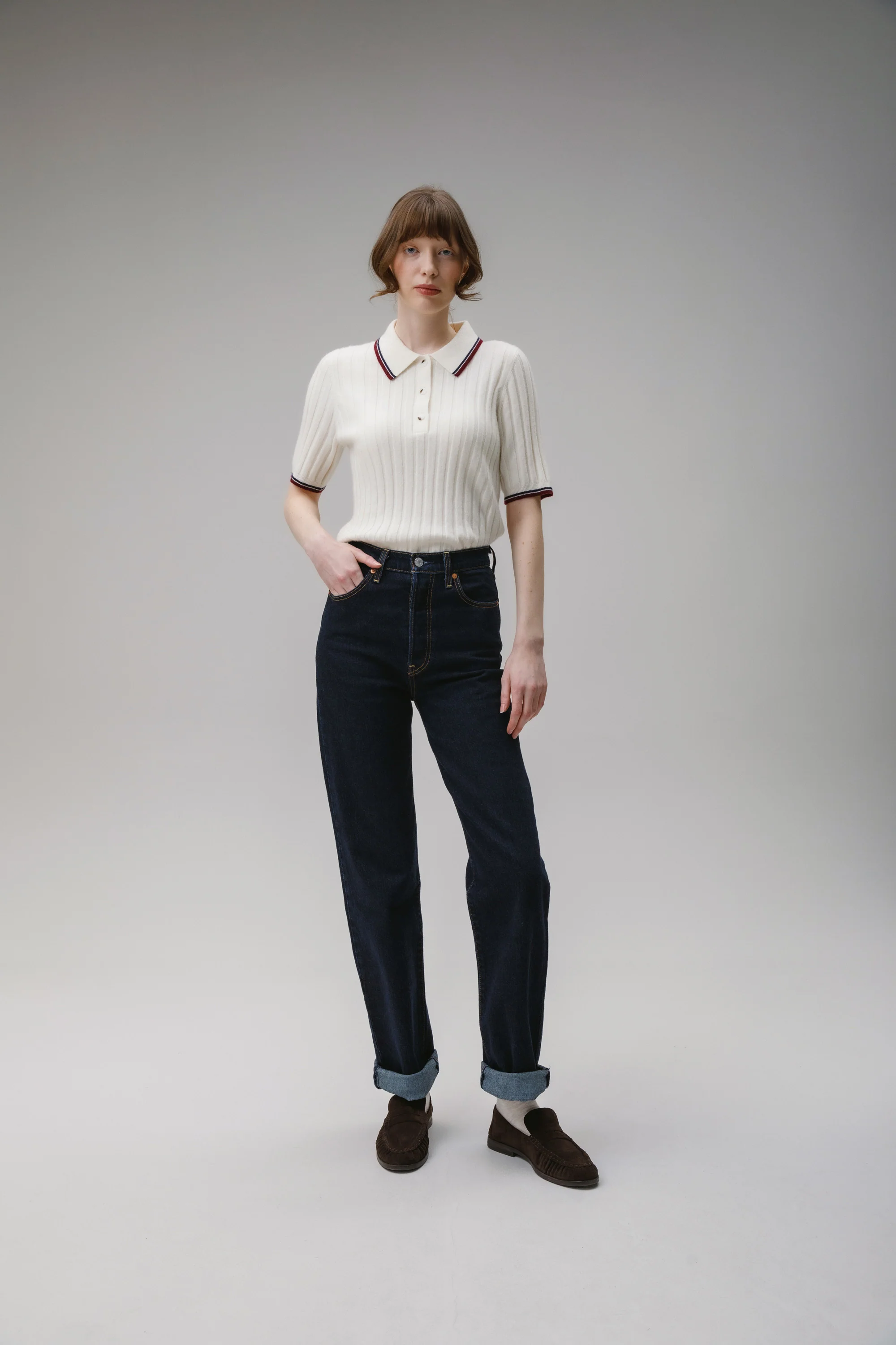 Ribbed Knit Cashmere Polo - Off White - Image 5