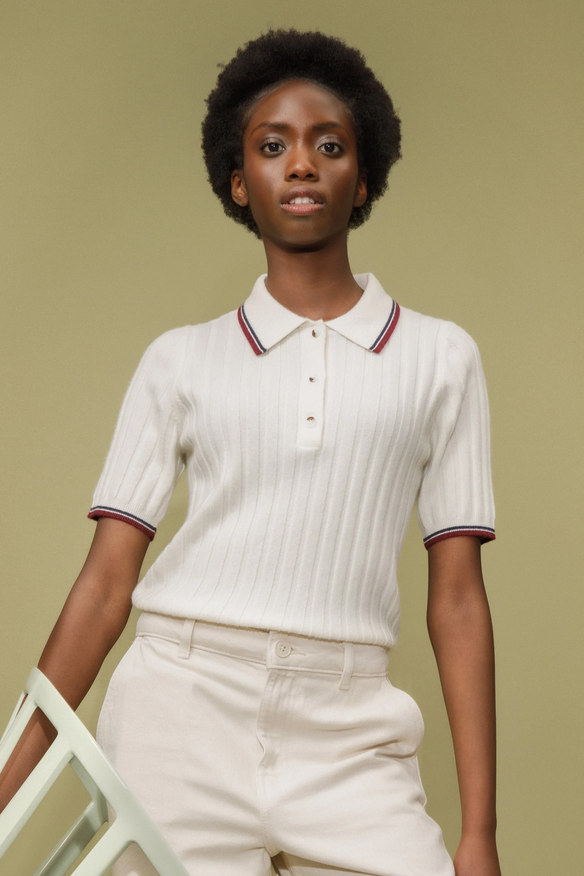 Ribbed Knit Cashmere Polo - Off White - Image 6