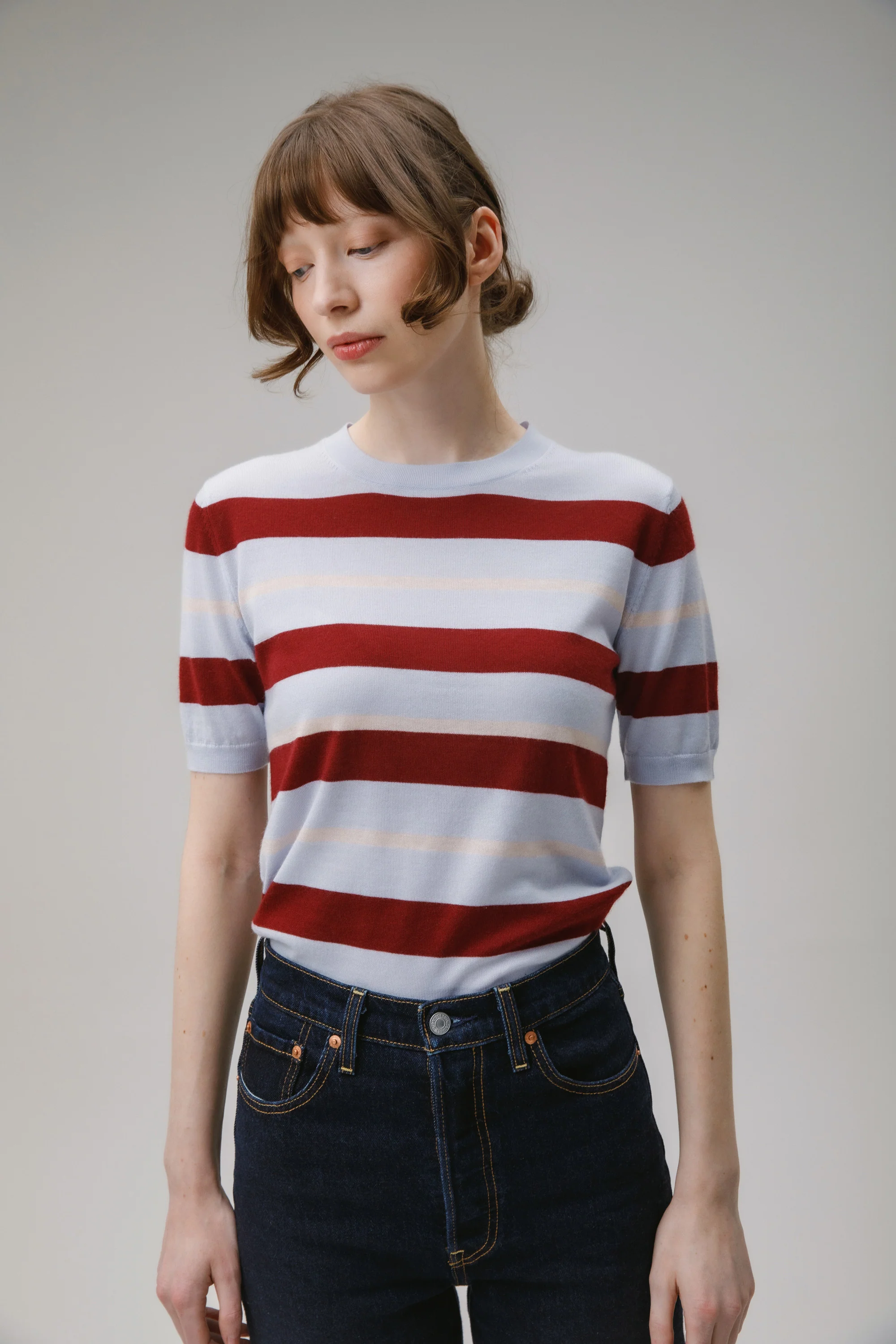 Stockbridge Stripe Cashmere T-Shirt - Pale Blue - Image 2