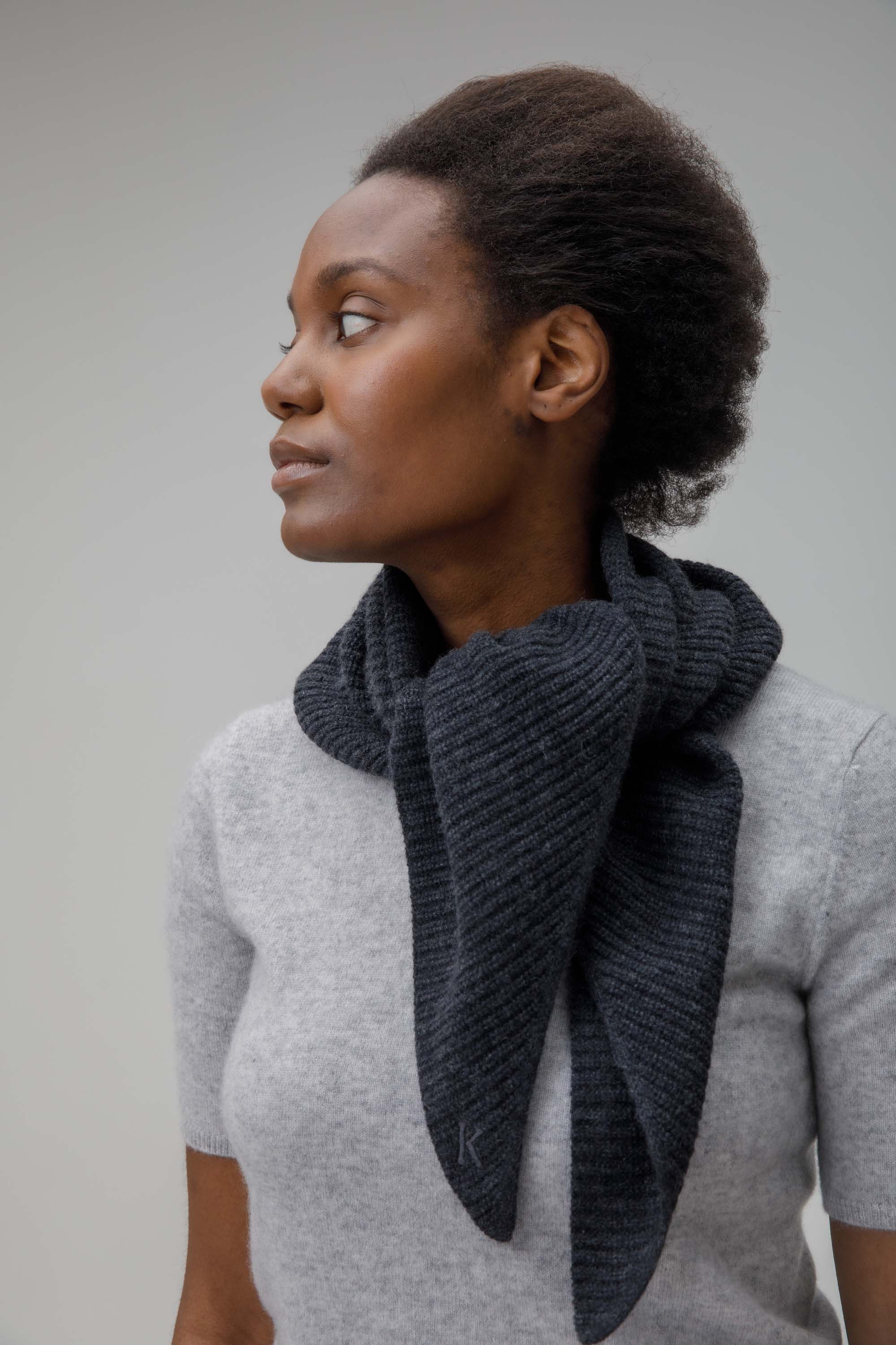 Triangle Knitted Cashmere Scarf - Charcoal - Image 2