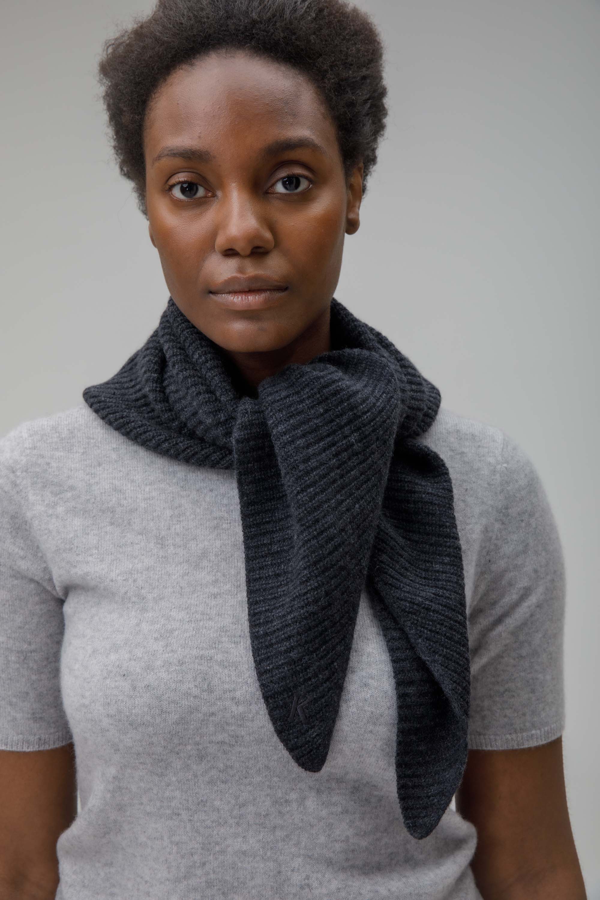 Triangle Knitted Cashmere Scarf - Charcoal - Image 3