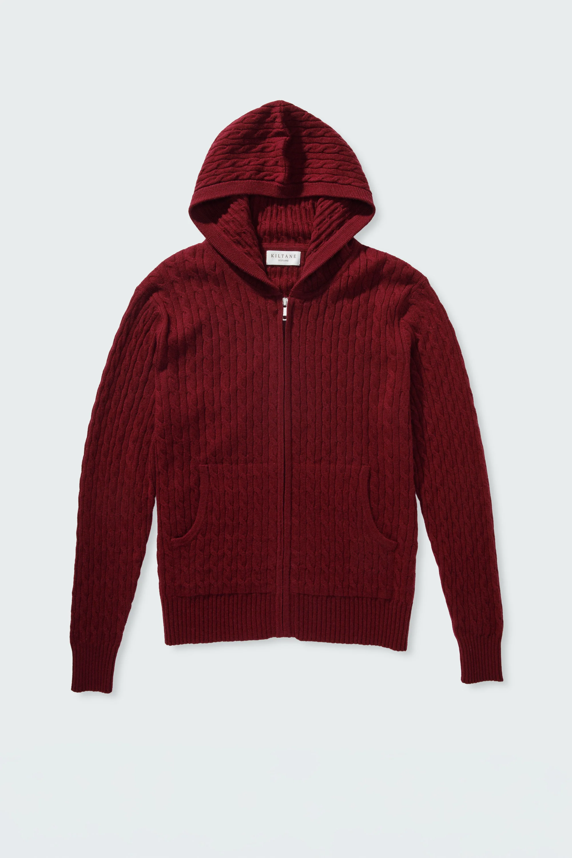 Unisex Cable Zip Cashmere Hoodie - Burgundy - Image 10
