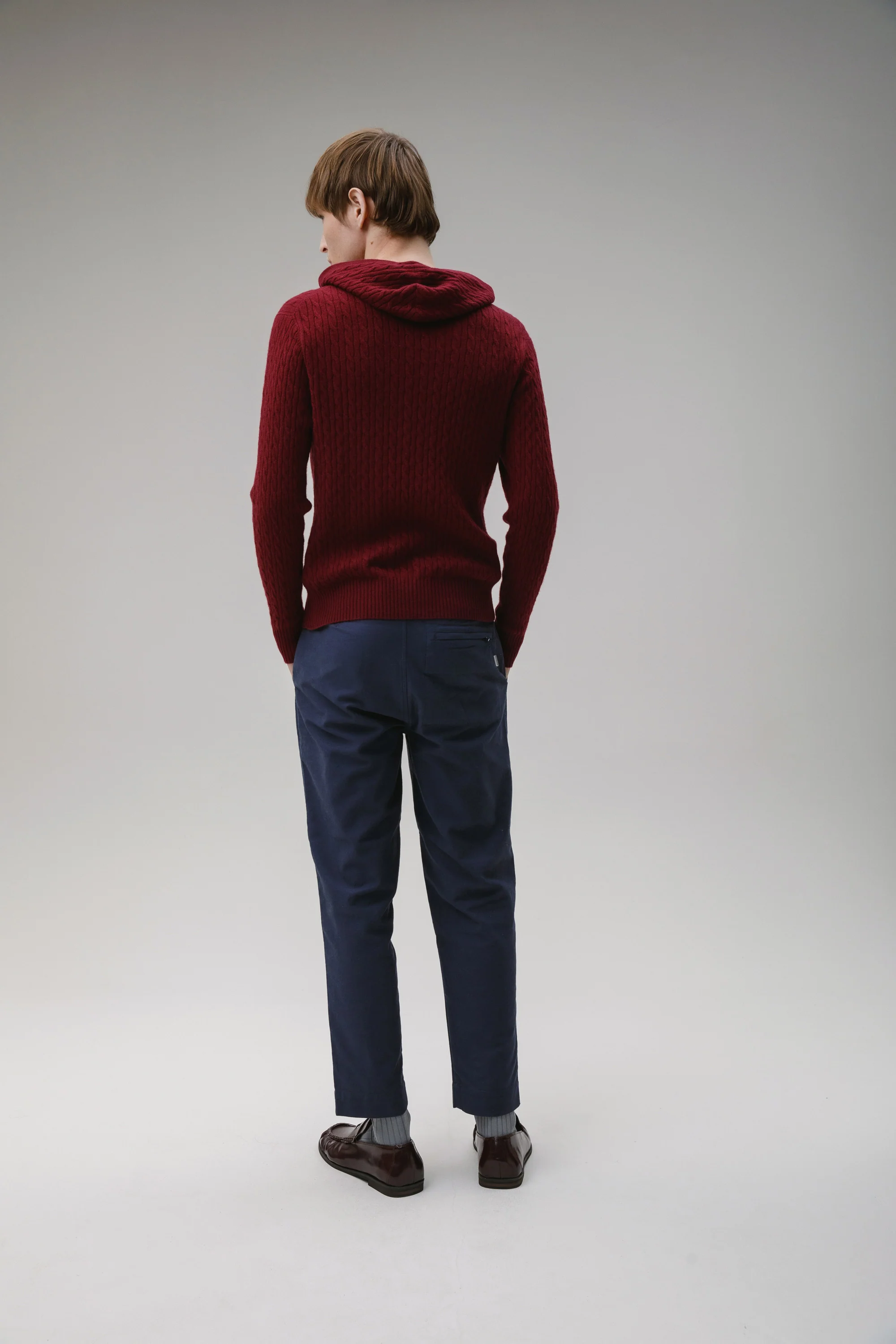 Unisex Cable Zip Cashmere Hoodie - Burgundy - Image 5
