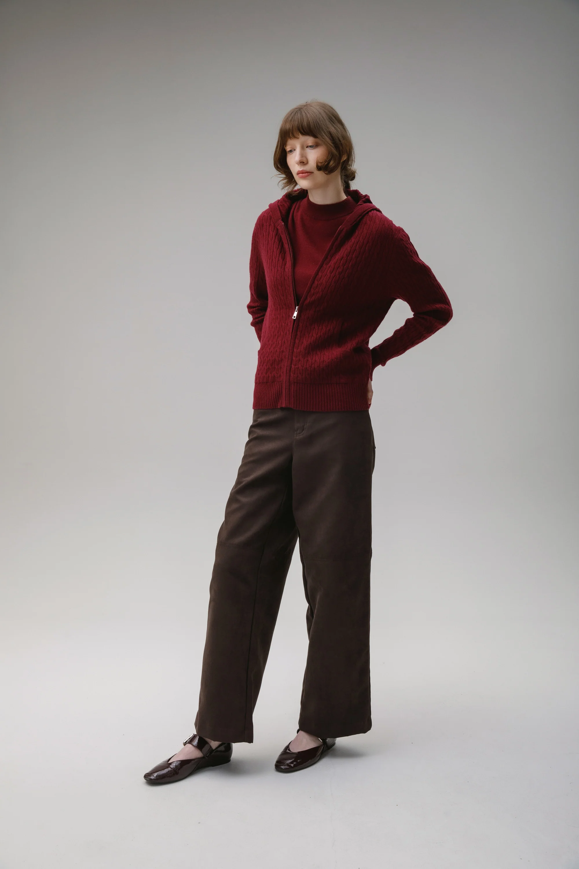Unisex Cable Zip Cashmere Hoodie - Burgundy - Image 6