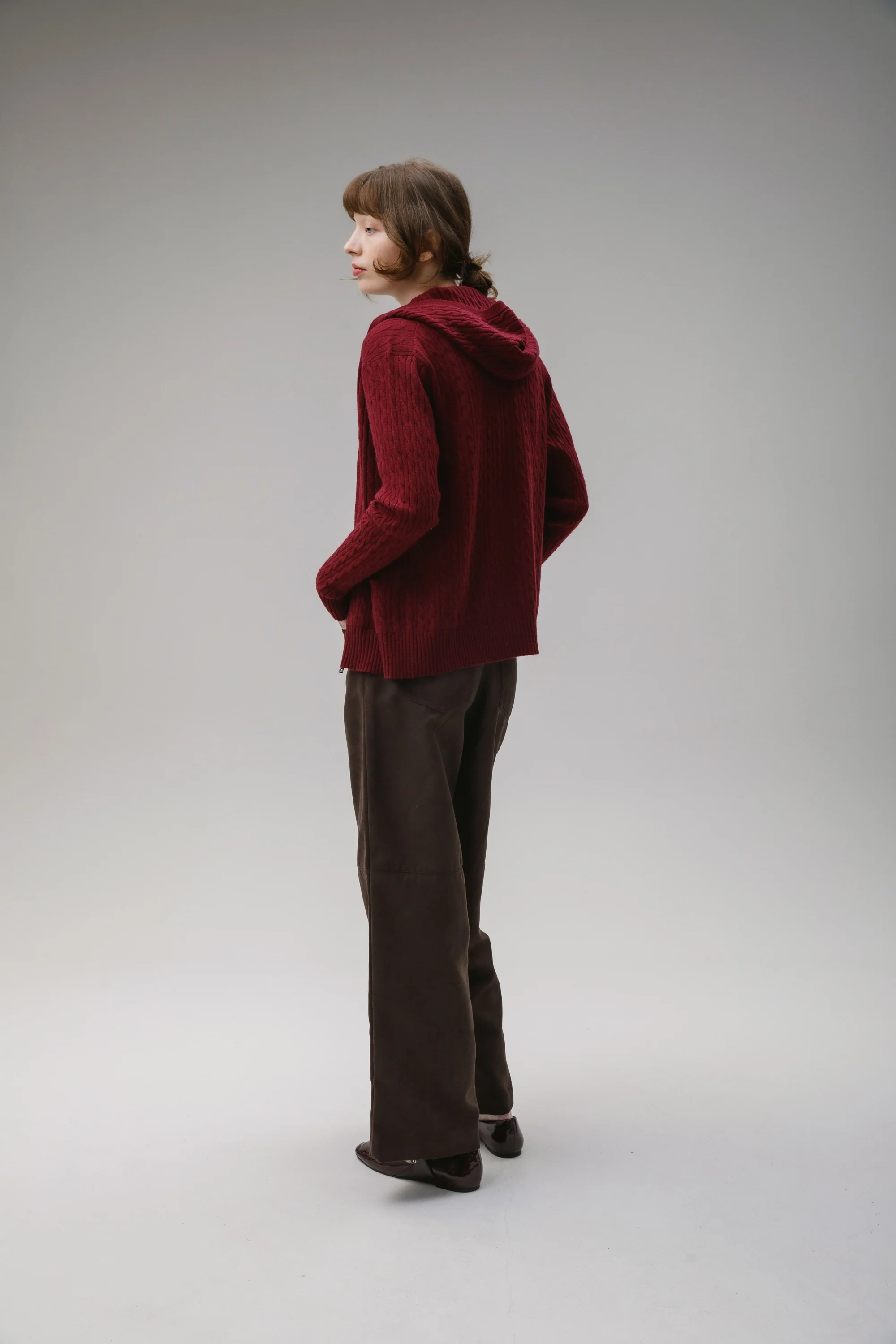 Unisex Cable Zip Cashmere Hoodie - Burgundy - Image 7