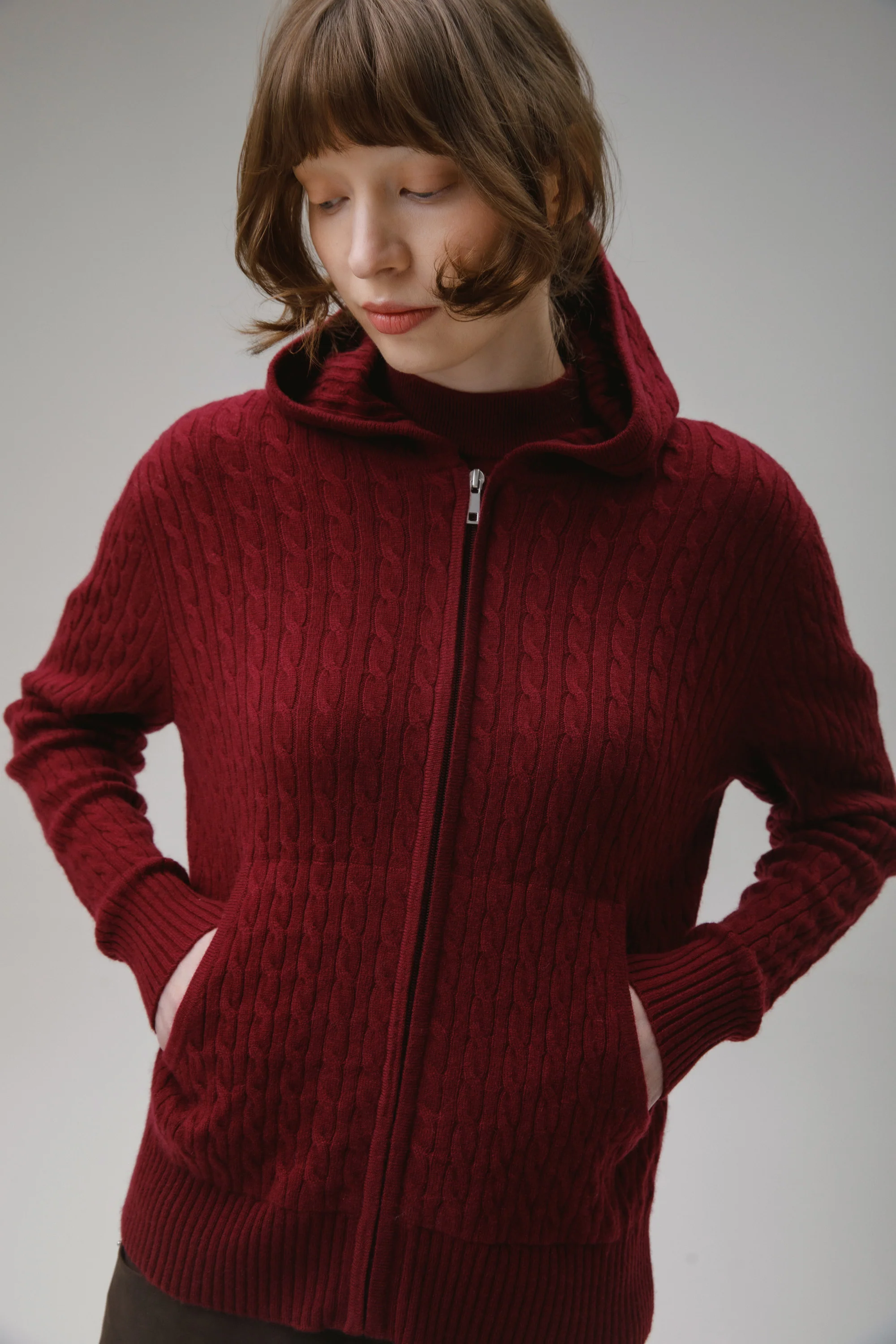 Unisex Cable Zip Cashmere Hoodie - Burgundy - Image 8