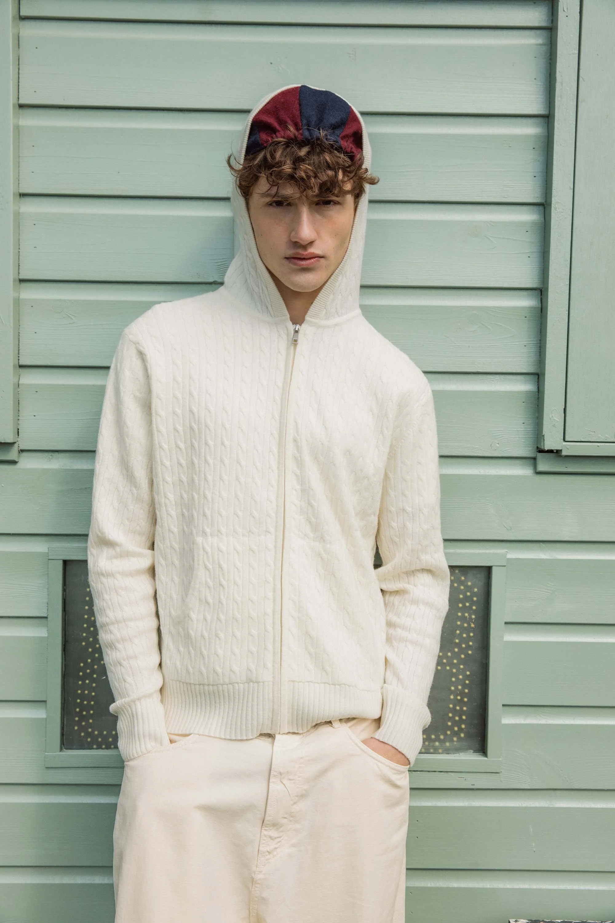 Unisex Cable Zip Cashmere Hoodie - Soft White