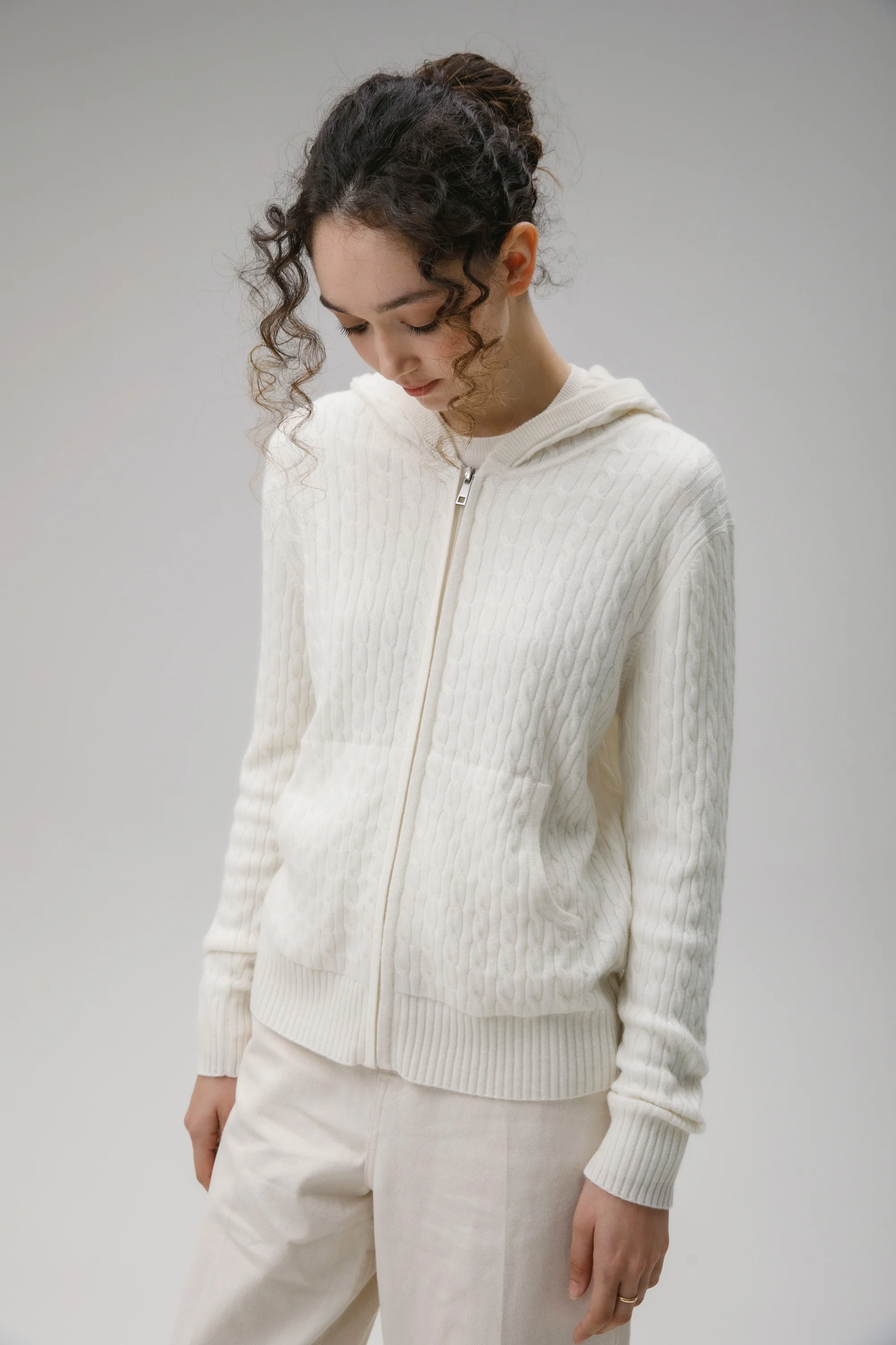 Unisex Cable Zip Cashmere Hoodie - Soft White - Image 2
