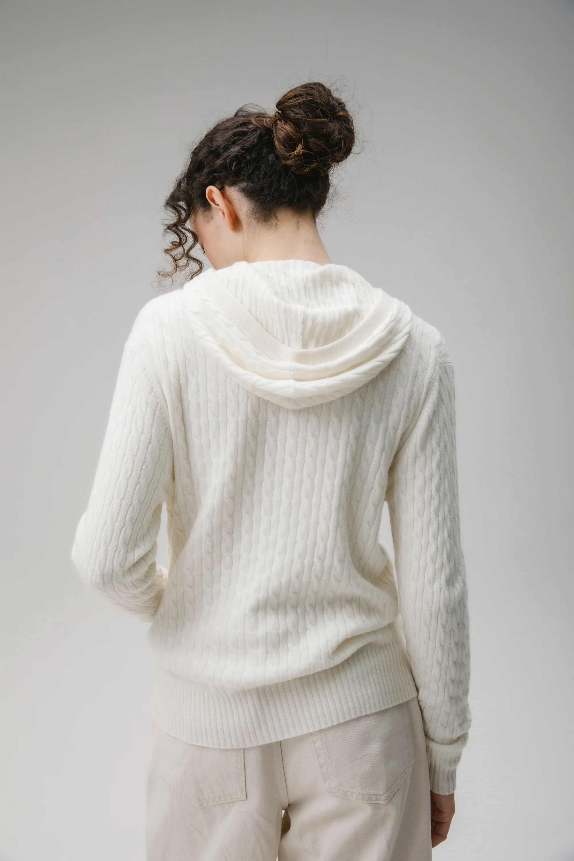 Unisex Cable Zip Cashmere Hoodie - Soft White - Image 3