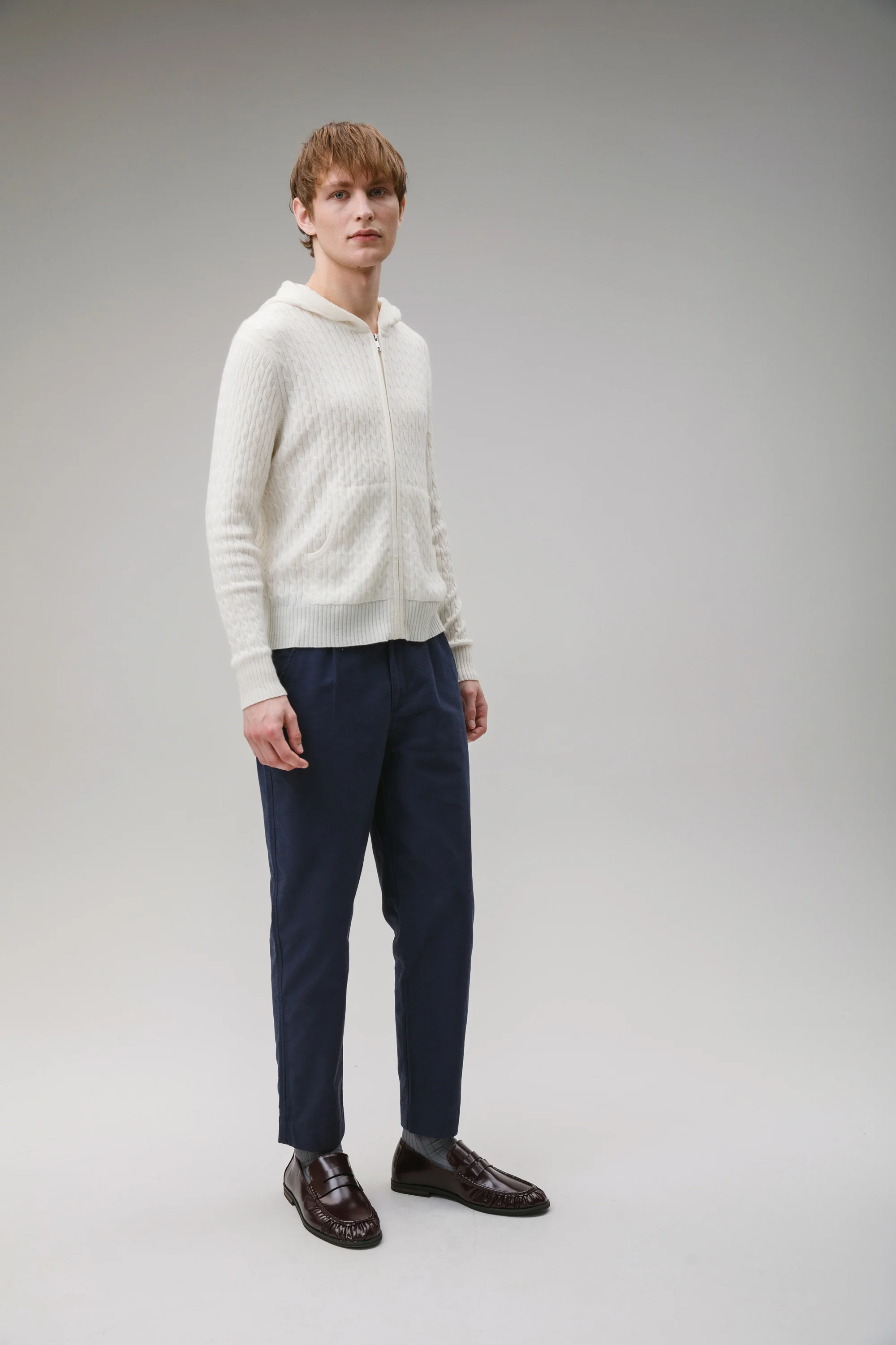 Unisex Cable Zip Cashmere Hoodie - Soft White - Image 4