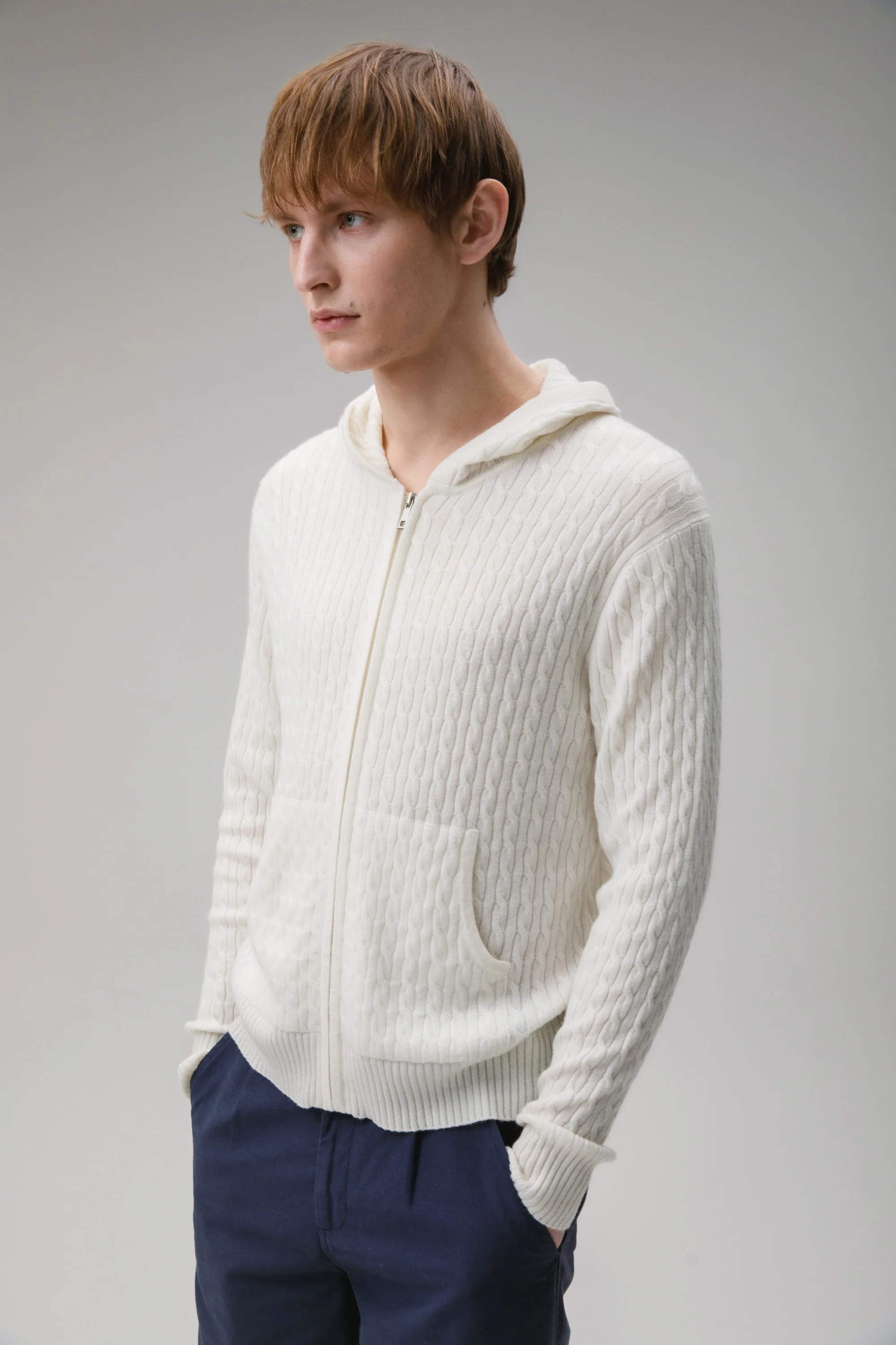 Unisex Cable Zip Cashmere Hoodie - Soft White - Image 5