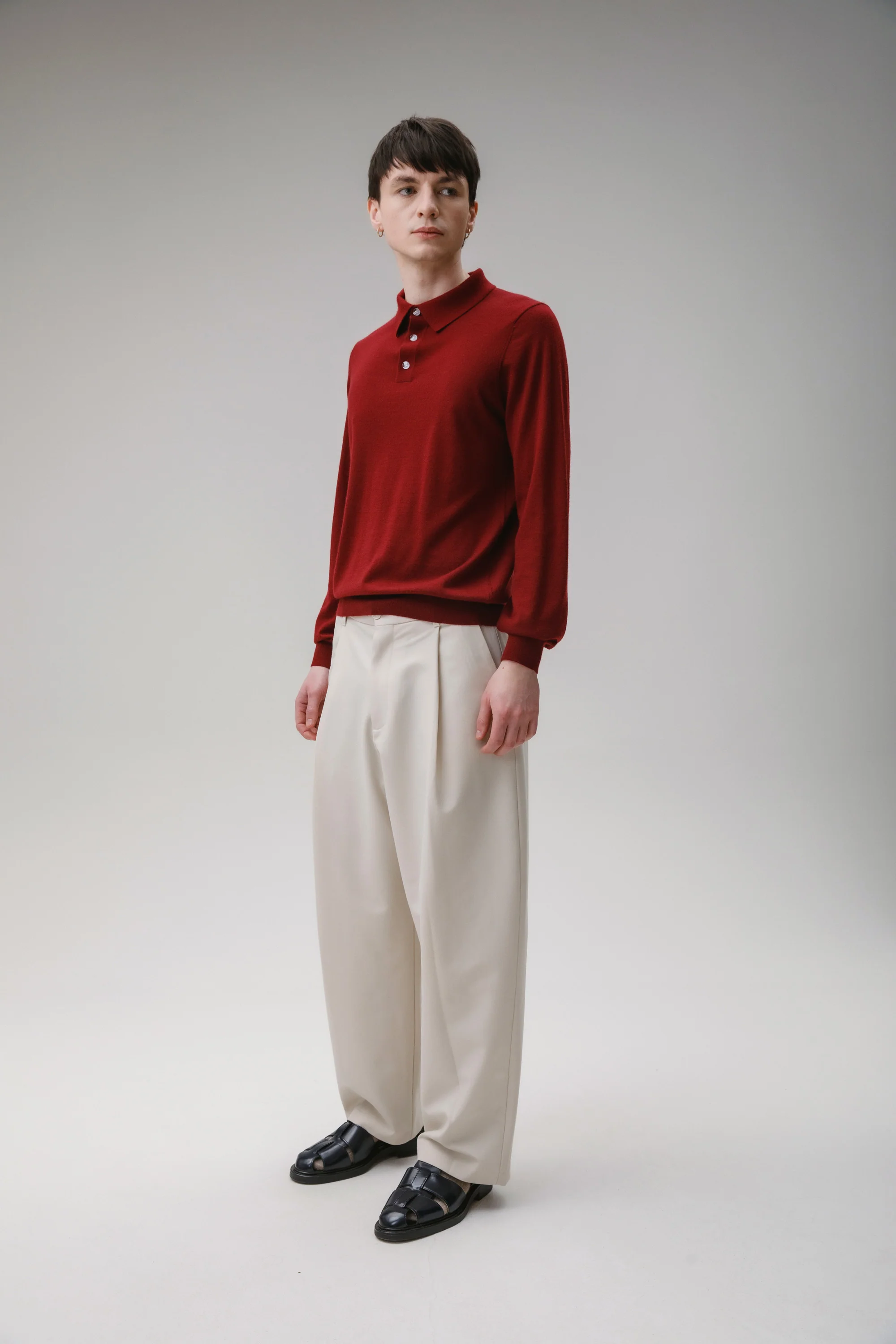 Long Sleeve Cashmere Polo - Merlot - Image 5